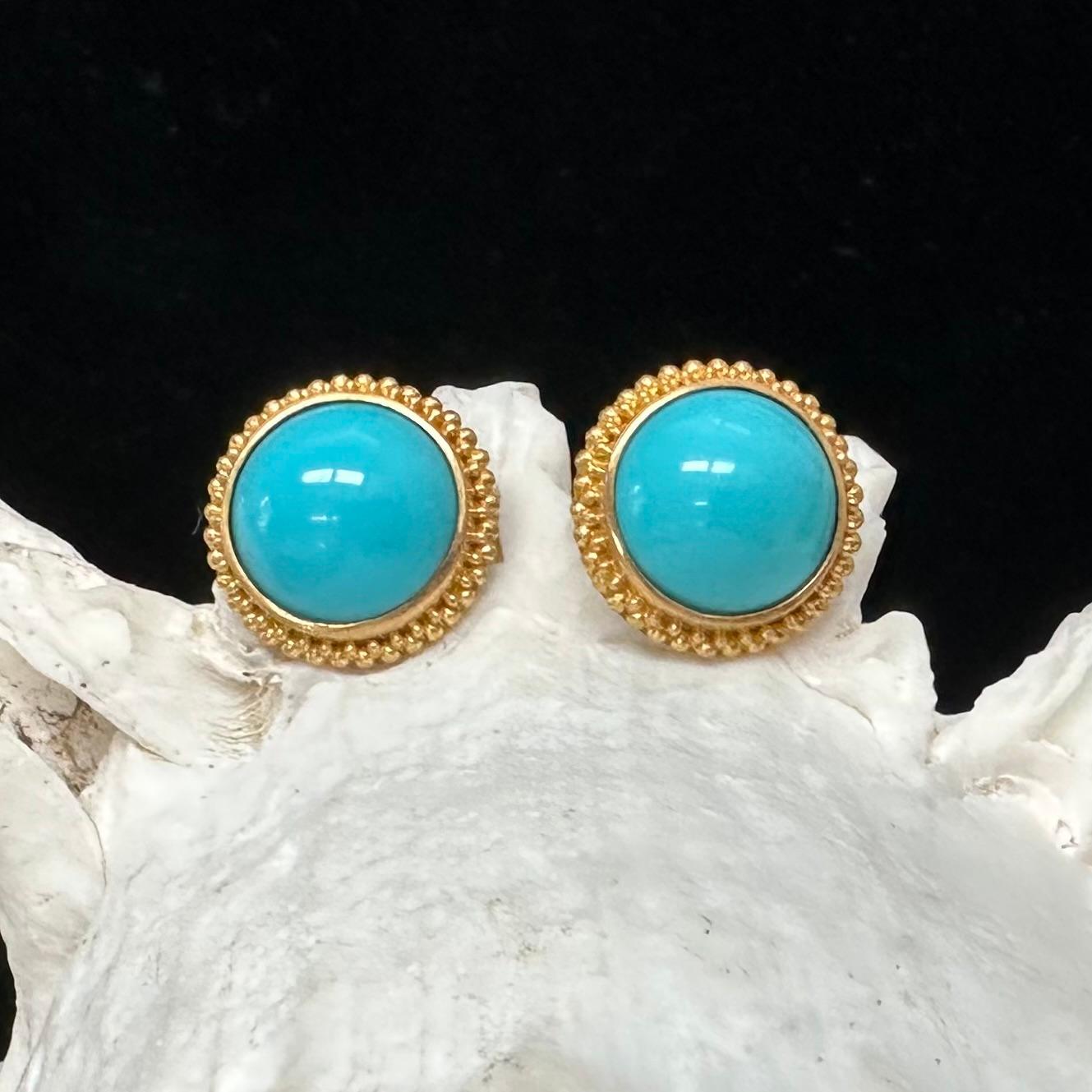 Steven Battelle 9.2 Carats Sleeping Beauty Turquoise 22K Gold Post Earrings For Sale 5