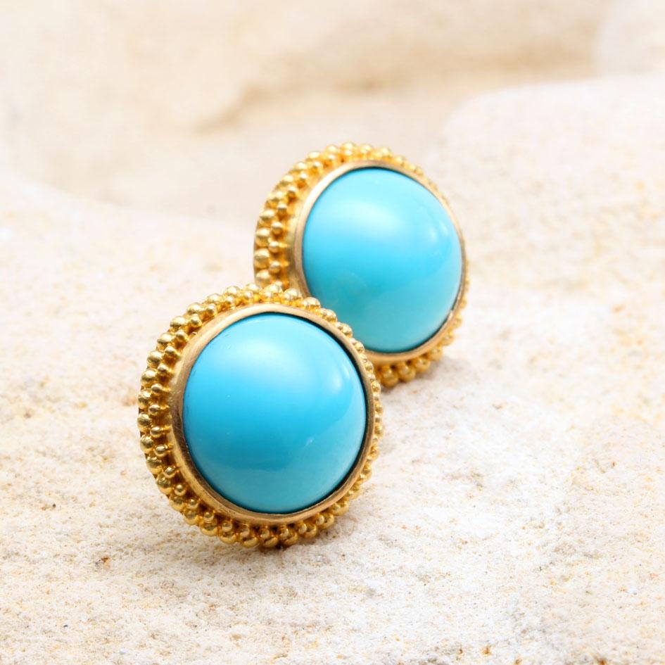Cabochon Steven Battelle 9.2 Carats Sleeping Beauty Turquoise 22K Gold Post Earrings For Sale