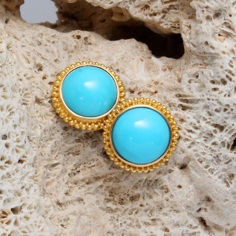 Steven Battelle 9.2 Carats Sleeping Beauty Turquoise 22K Gold Post Earrings In New Condition For Sale In Soquel, CA