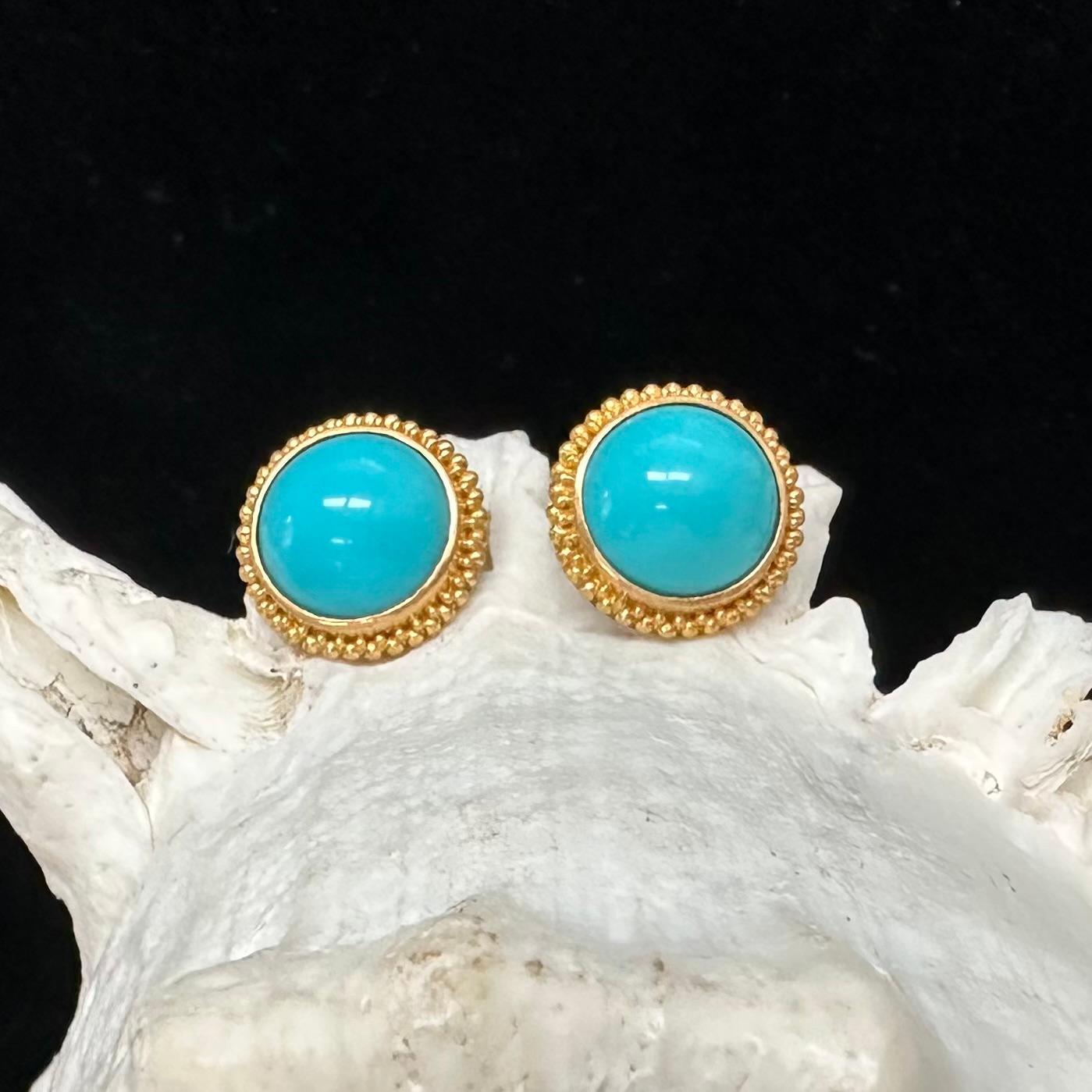 Steven Battelle 9.2 Carats Sleeping Beauty Turquoise 22K Gold Post Earrings For Sale 1