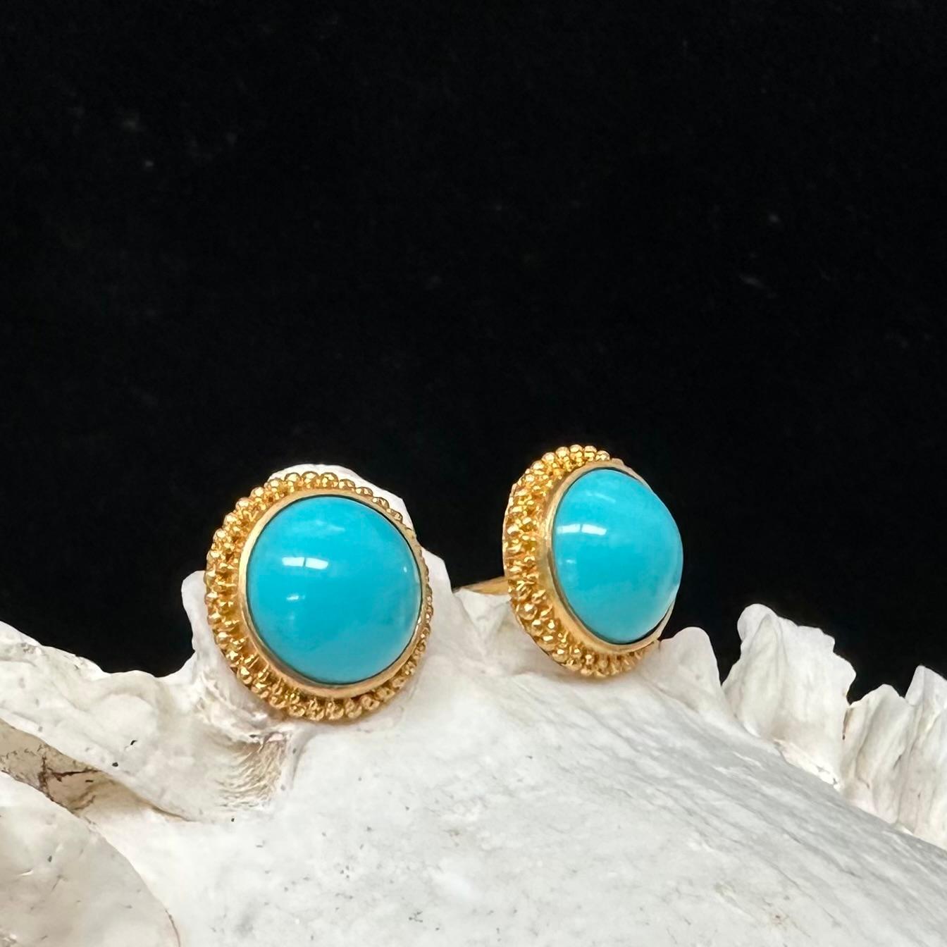 Steven Battelle 9.2 Carats Sleeping Beauty Turquoise 22K Gold Post Earrings For Sale 2