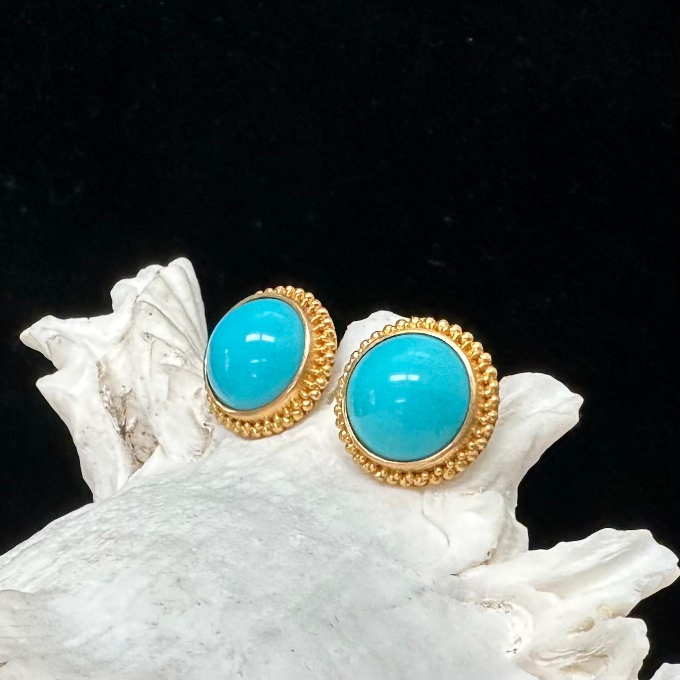 Steven Battelle 9.2 Carats Sleeping Beauty Turquoise 22K Gold Post Earrings For Sale 3