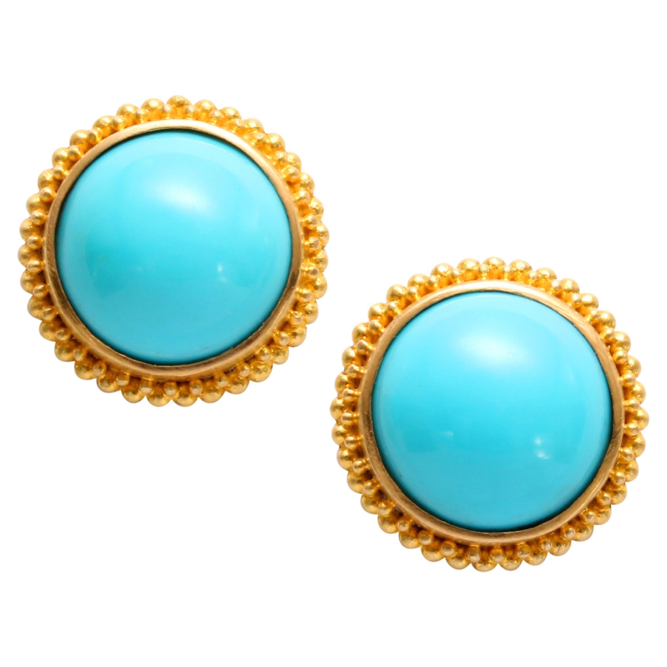 Steven Battelle 9.2 Carats Sleeping Beauty Turquoise 22K Gold Post Earrings For Sale