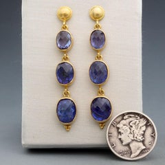 Steven Battelle 9.2 Carats Triple Stone Tanzanite 18K Gold Post Earrings
