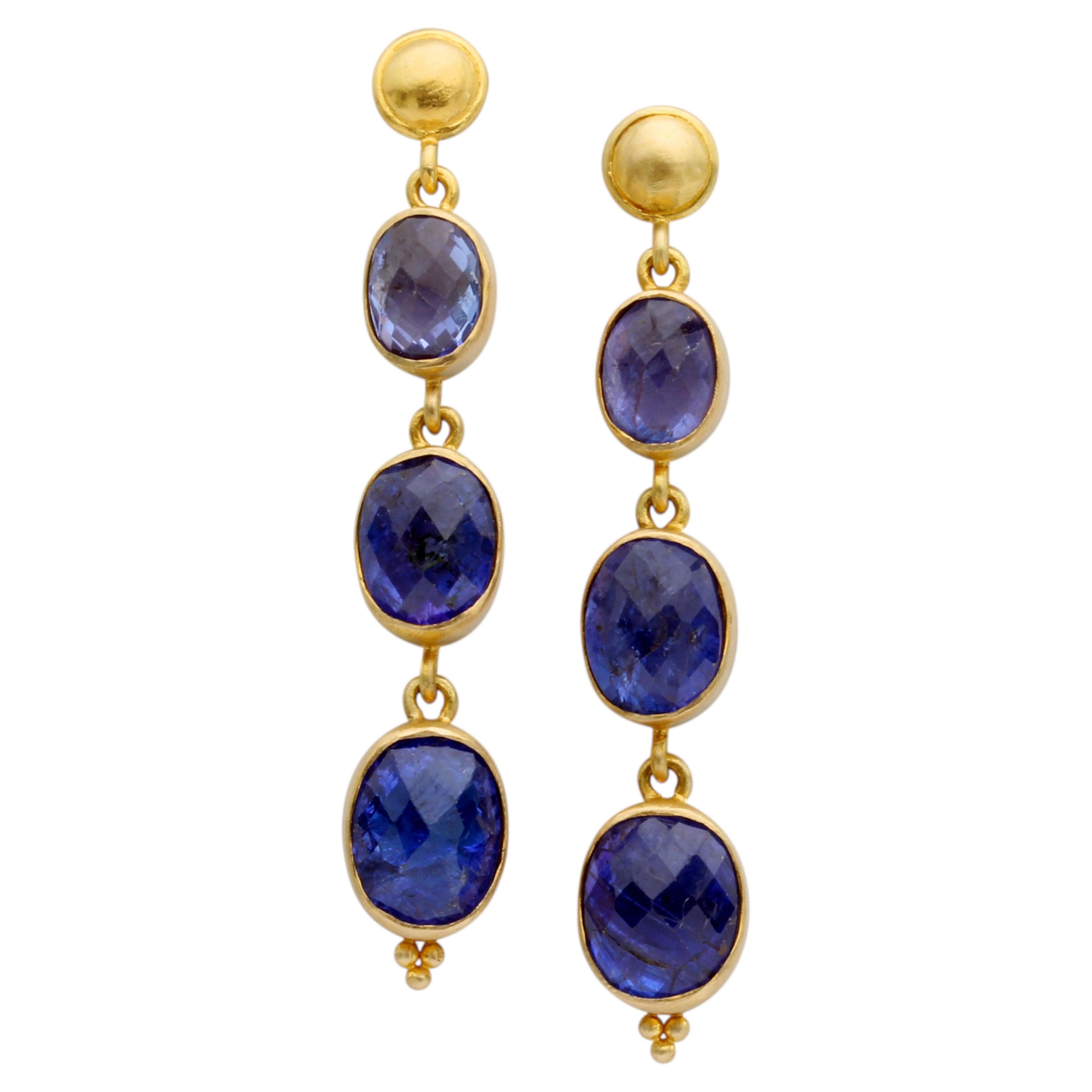 Steven Battelle 9.2 Carats Triple Stone Tanzanite 18K Gold Post Earrings