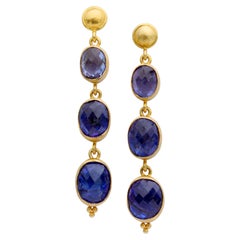 Steven Battelle 9.2 Carats Triple Stone Tanzanite 18K Gold Post Earrings