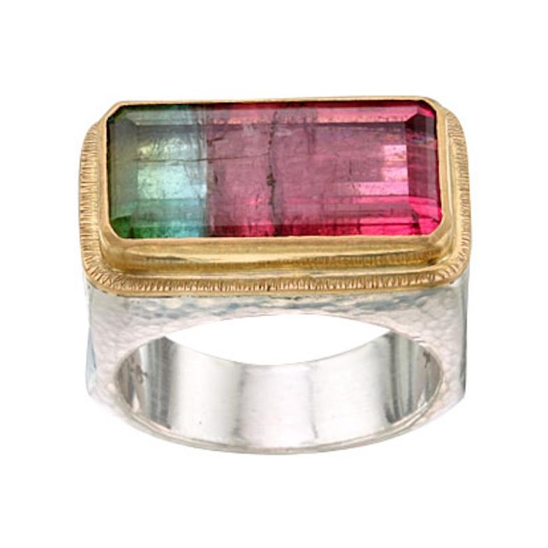 Contemporary Steven Battelle 9.2 Carats Watermelon Tourmaline 18K Gold/Sterling Ring For Sale