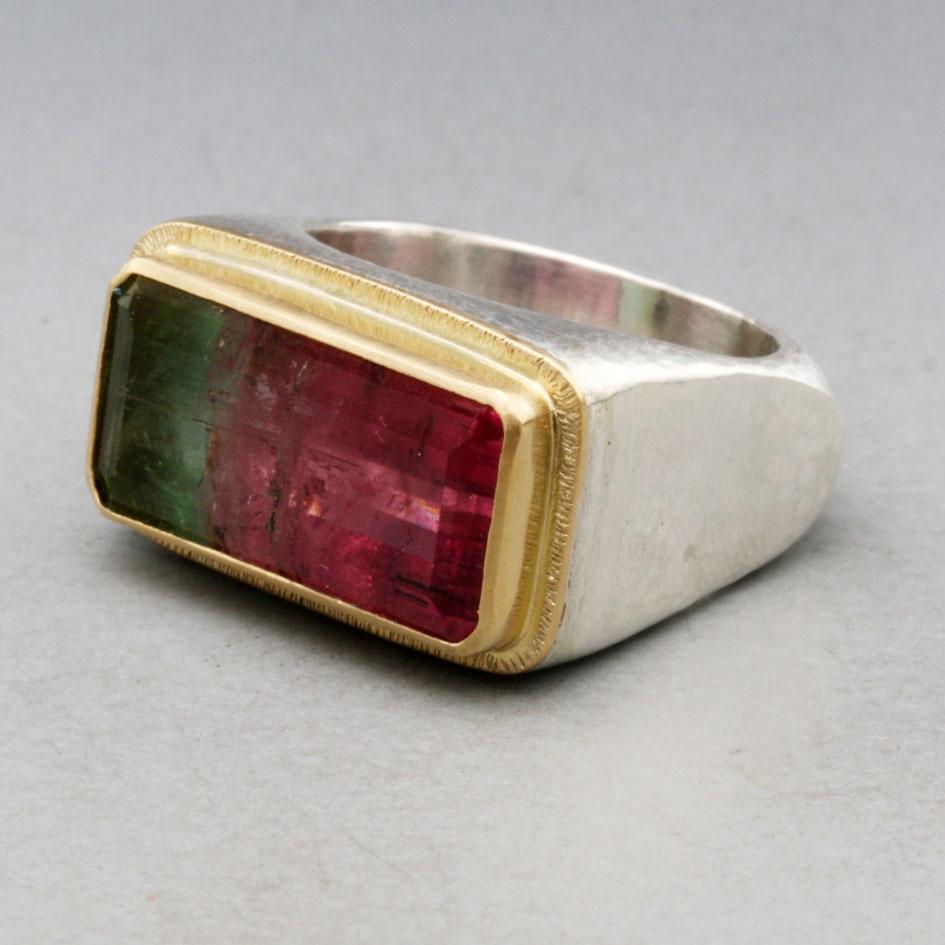 Octagon Cut Steven Battelle 9.2 Carats Watermelon Tourmaline 18K Gold/Sterling Ring For Sale