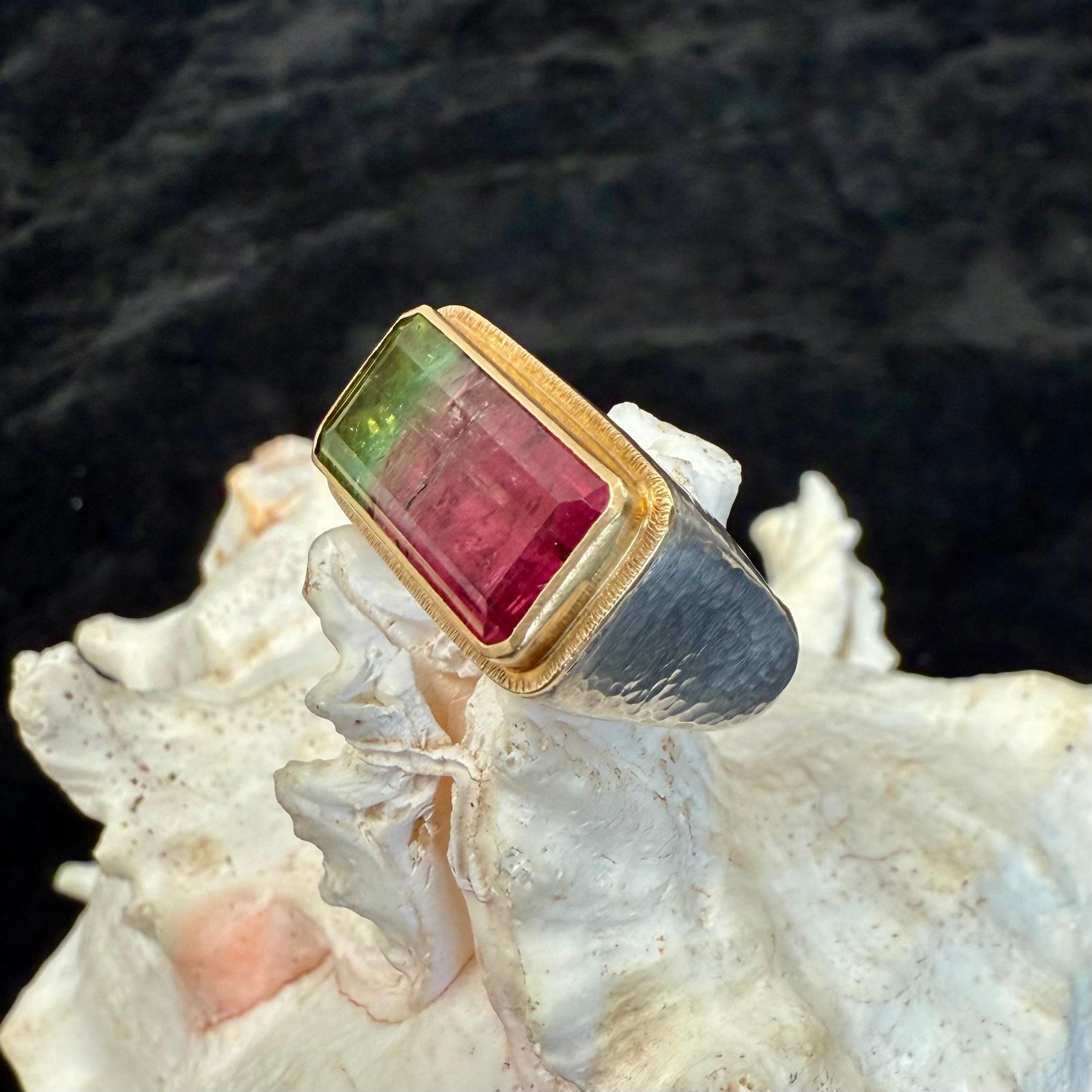 Women's or Men's Steven Battelle 9.2 Carats Watermelon Tourmaline 18K Gold/Sterling Ring For Sale