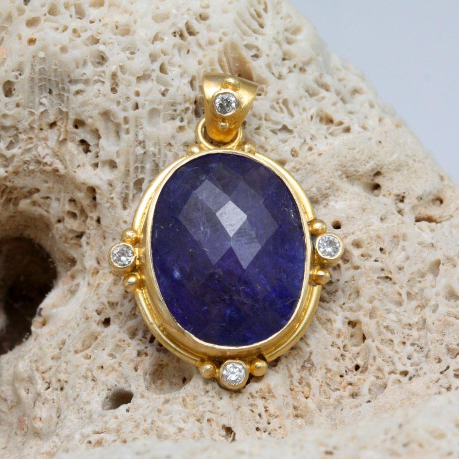 Rose Cut Steven Battelle 9.3 Carats Tanzanite Diamonds 18K Gold Pendant