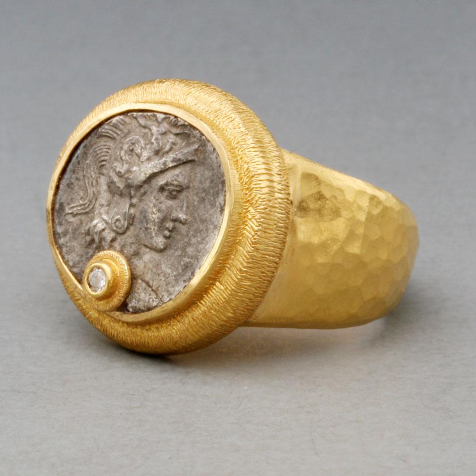 For Sale:  Ancient Greek 5th Century BC Athena Coin Diamond 22k Gold Ring 3