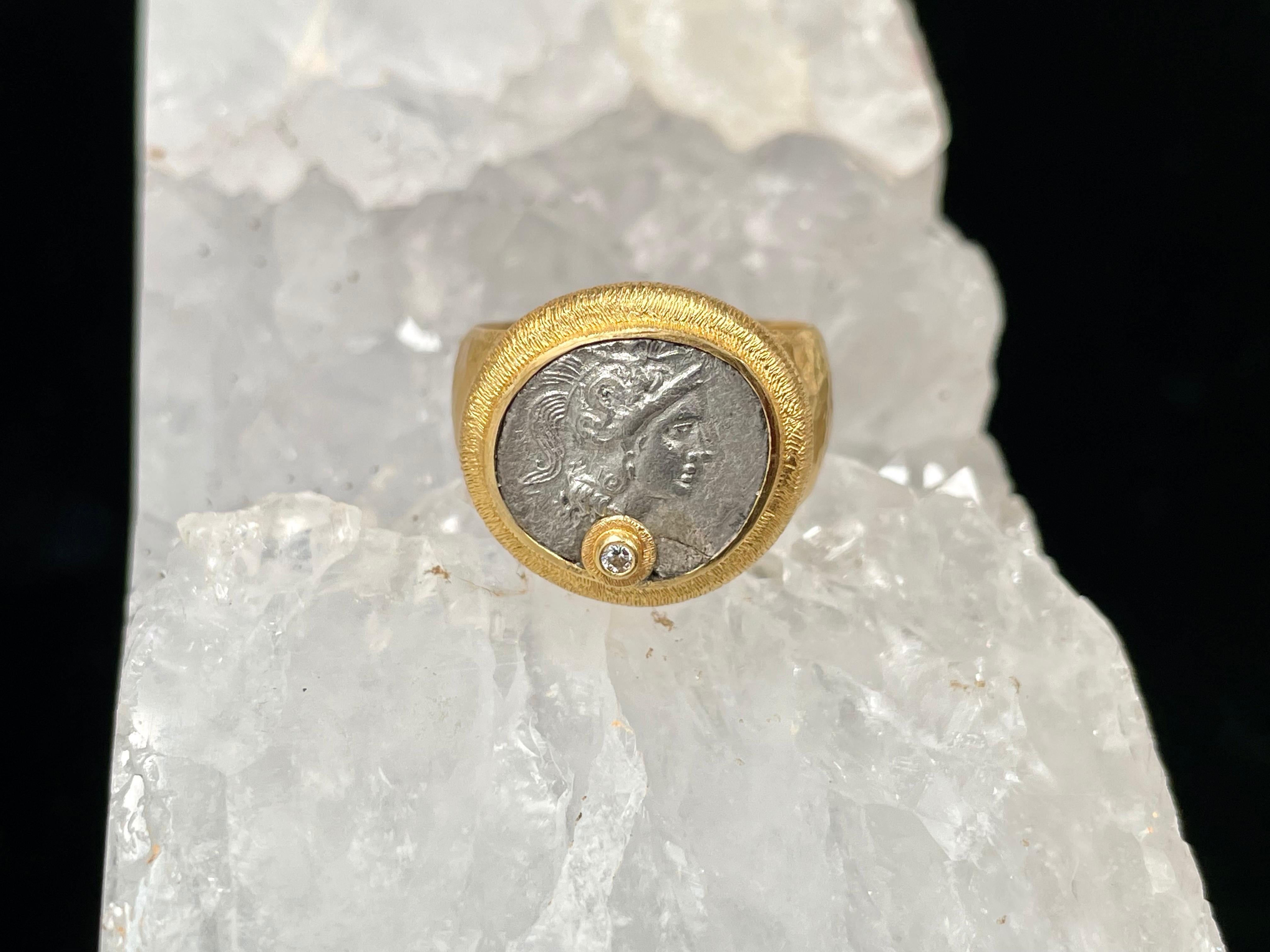 For Sale:  Ancient Greek 5th Century BC Athena Coin Diamond 22k Gold Ring 7