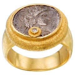 Ancient Greek 5th Century BC Athena Coin Diamond 22k Gold Ring