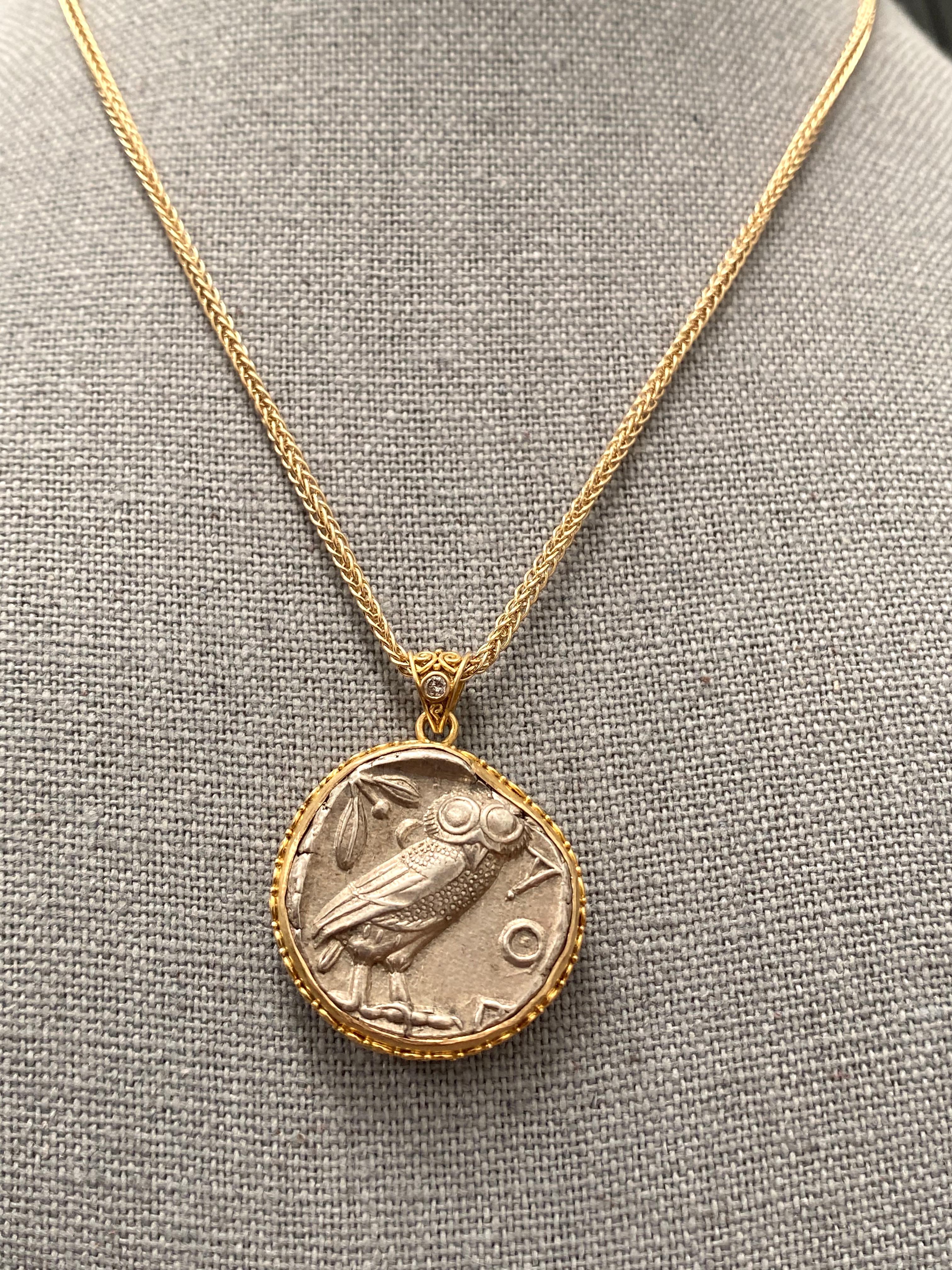 Classical Greek Steven Battelle Ancient Greek Coin Owl Athena Diamond Pendant 18K Gold