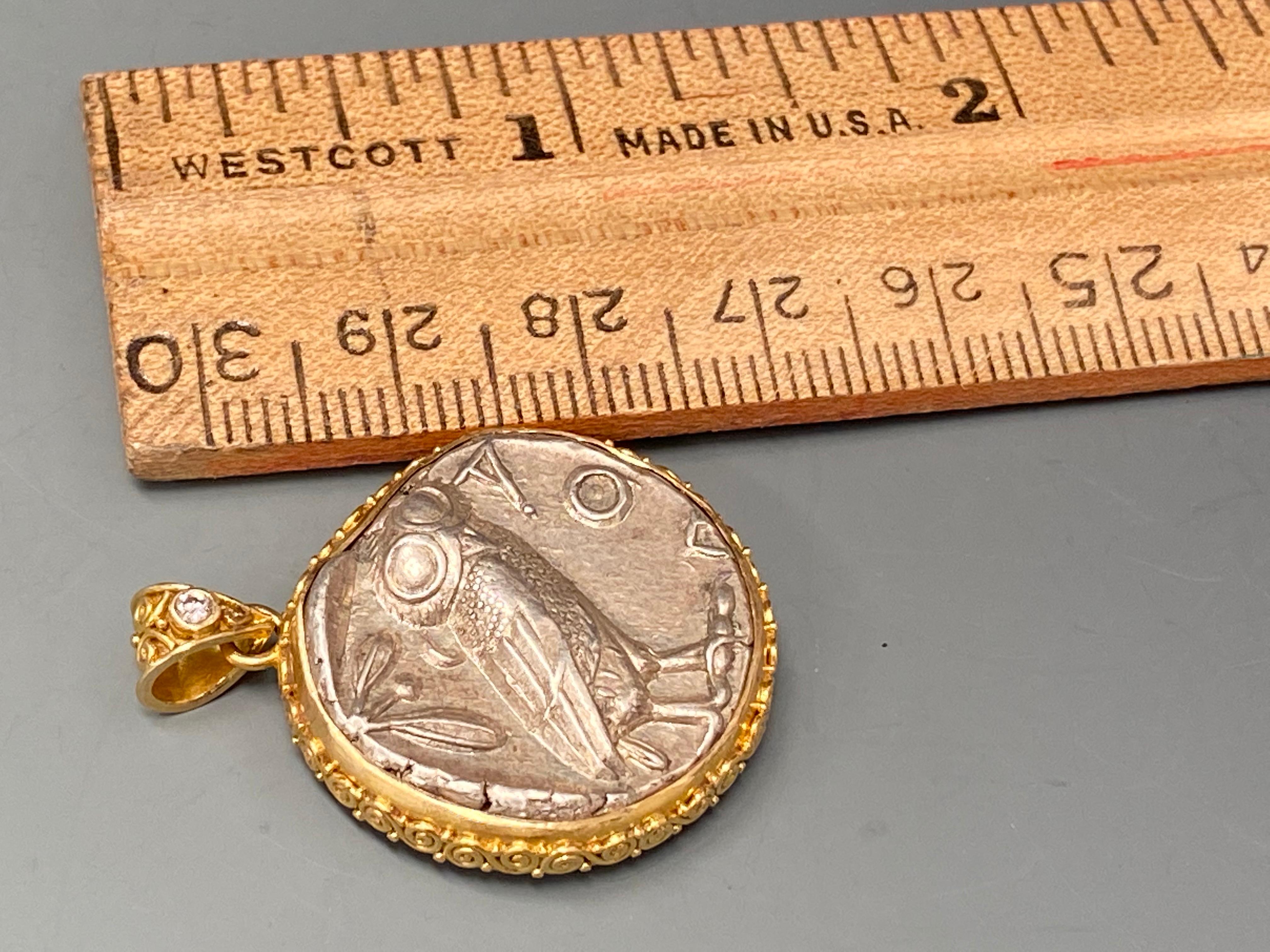 Rose Cut Steven Battelle Ancient Greek Coin Owl Athena Diamond Pendant 18K Gold