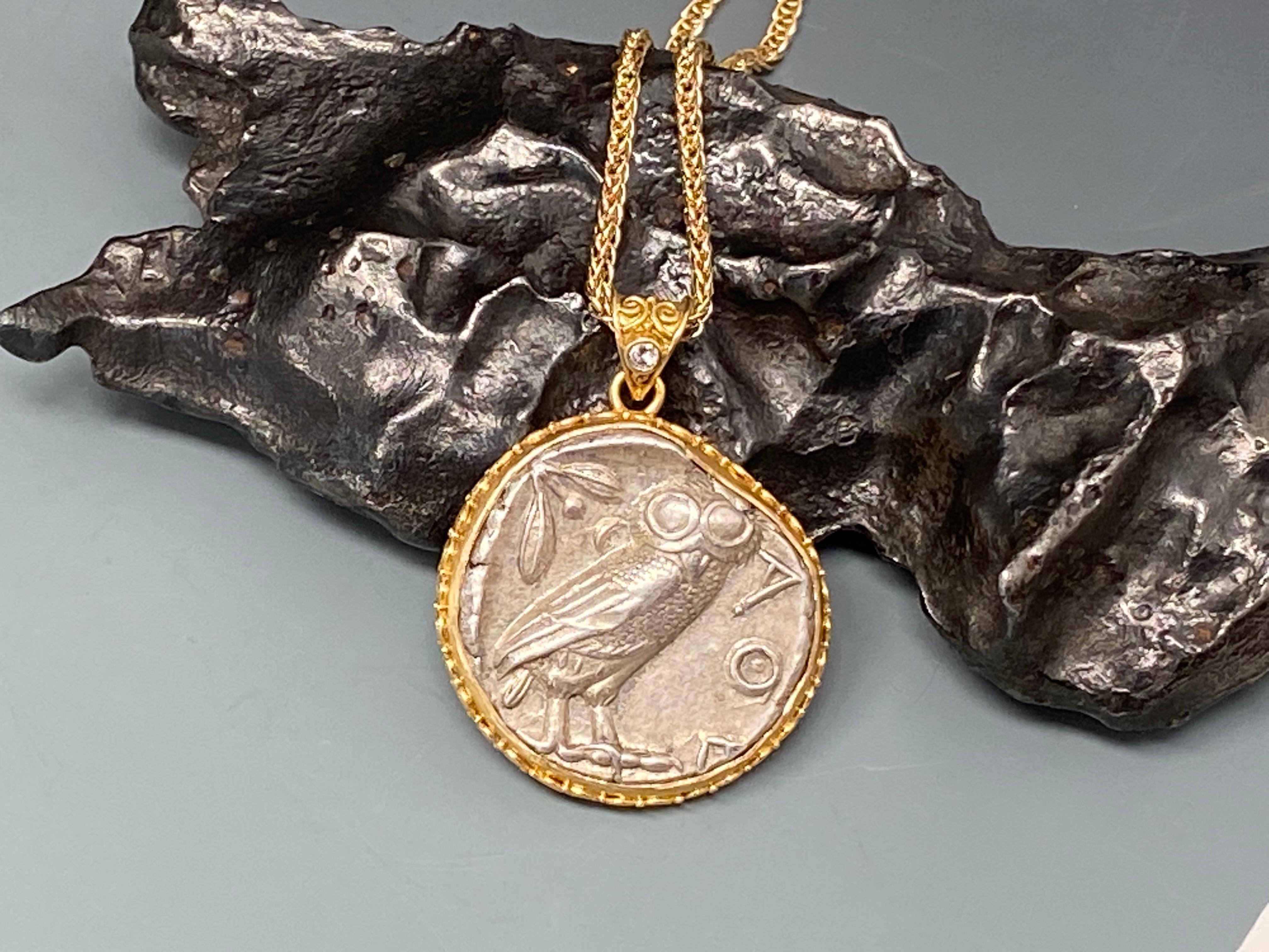 Steven Battelle Ancient Greek Coin Owl Athena Diamond Pendant 18K Gold In New Condition In Soquel, CA