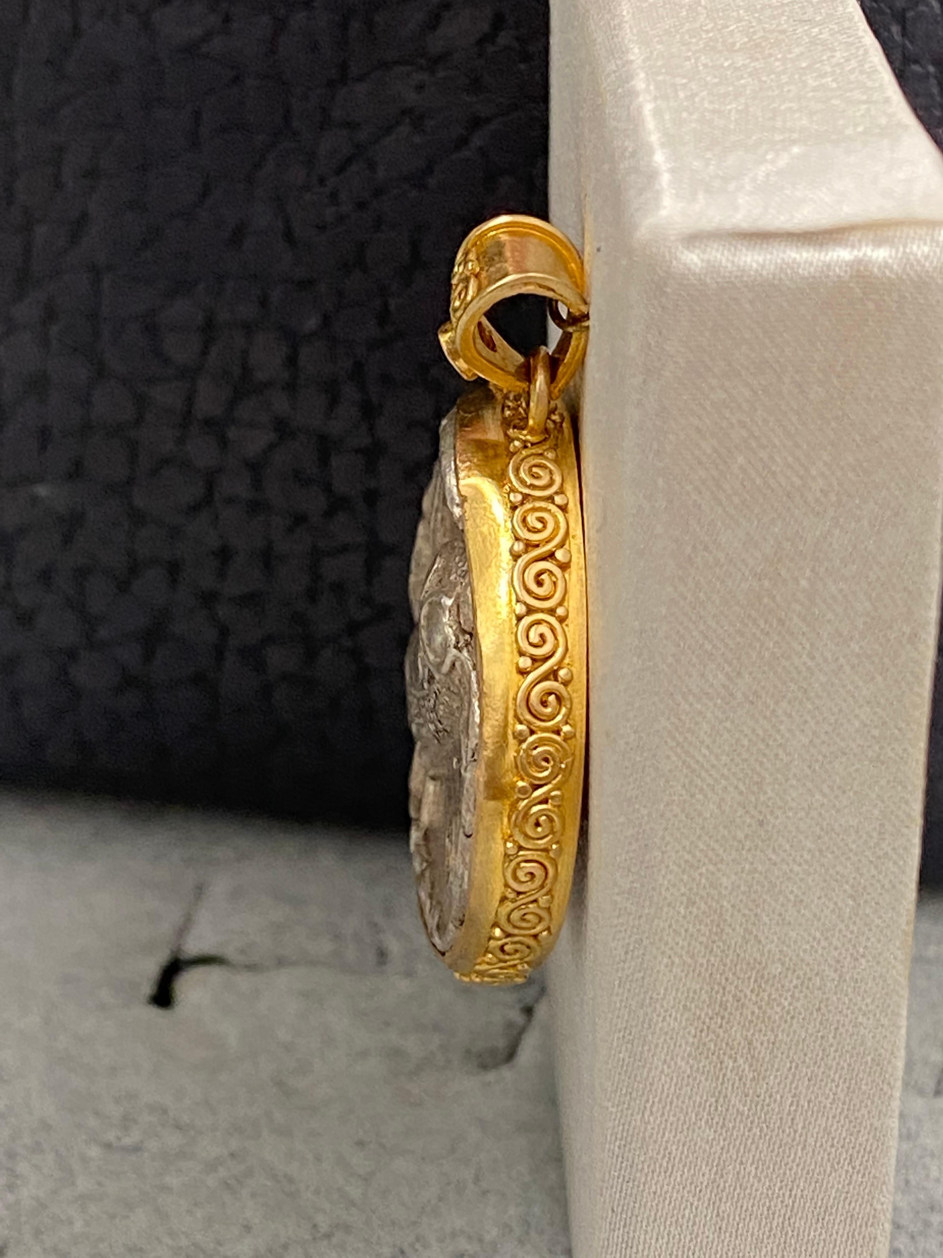 Women's or Men's Steven Battelle Ancient Greek Coin Owl Athena Diamond Pendant 18K Gold
