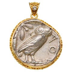 Steven Battelle Ancient Greek Coin Owl Athena Diamond Pendant 18K Gold