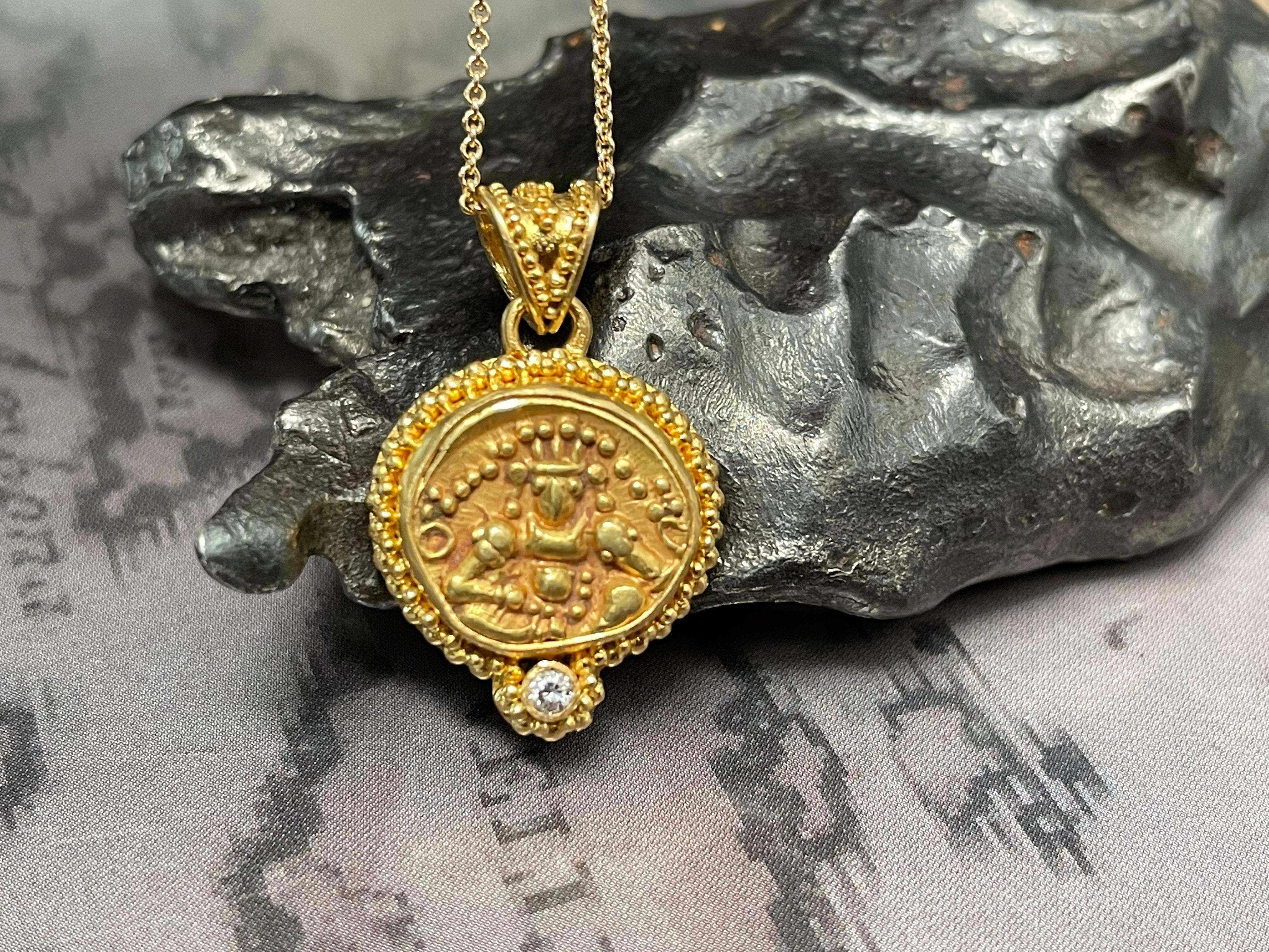 Rose Cut Ancient Indian 1500's Coin Diamond Pendant 22K Gold