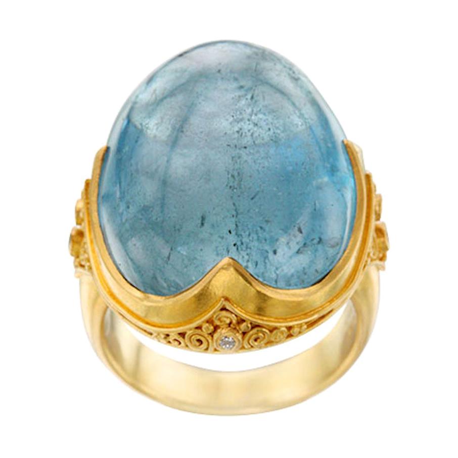 Steven Battelle 54 Carat Aquamarine Diamonds 22K Gold Ring  For Sale