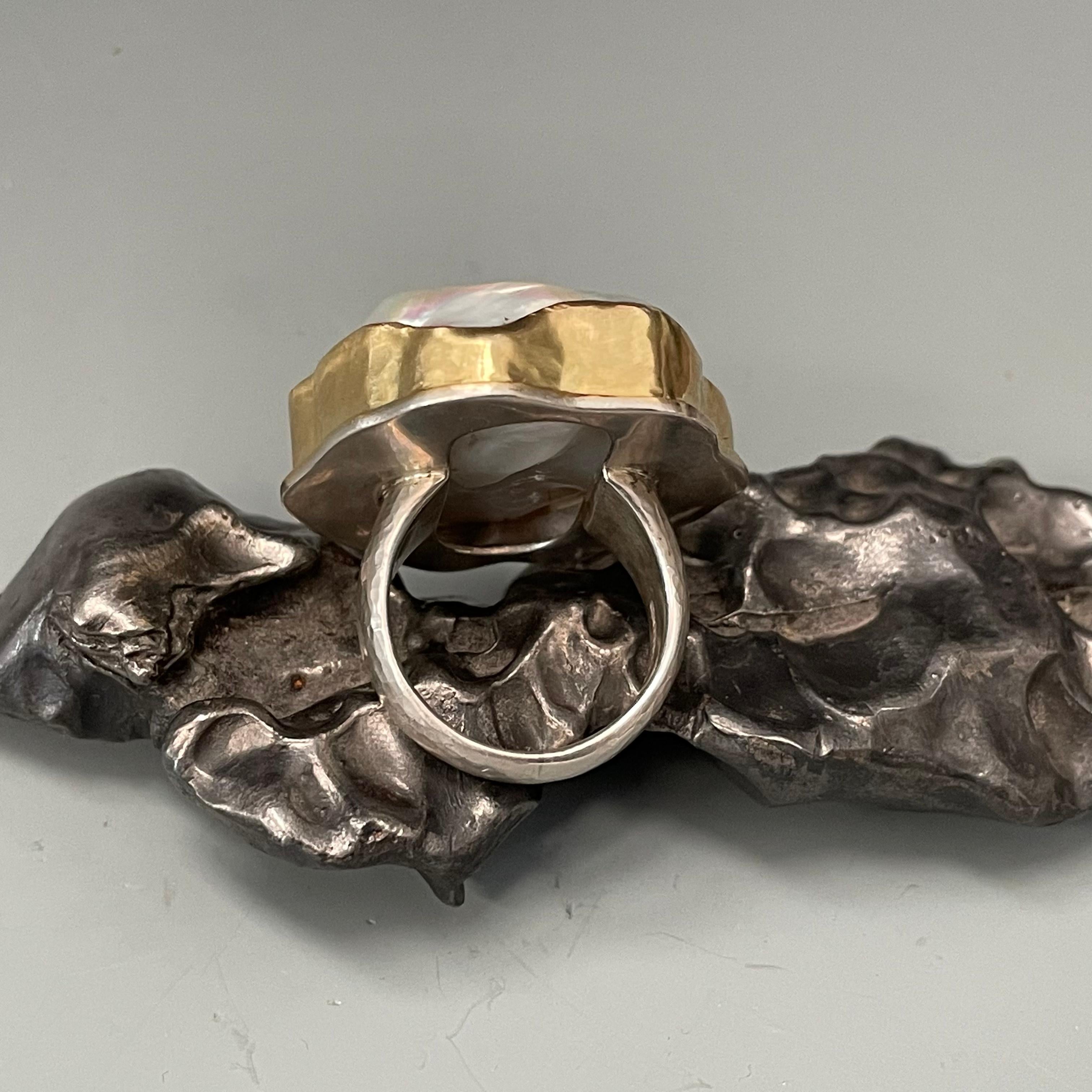 Steven Battelle Baroque Pearl Silver 18K Gold Ring For Sale 5