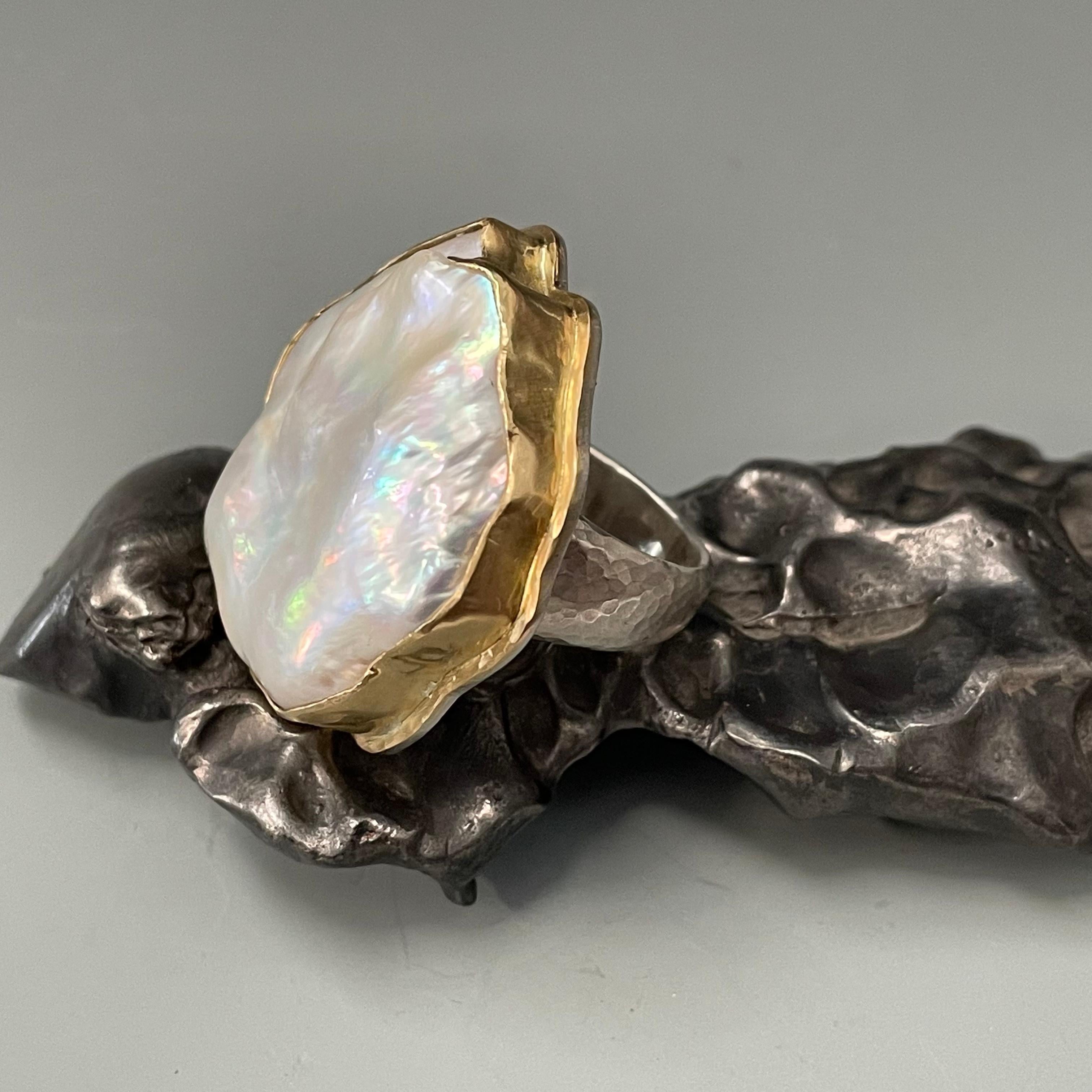 Steven Battelle Baroque Pearl Silver 18K Gold Ring For Sale 7