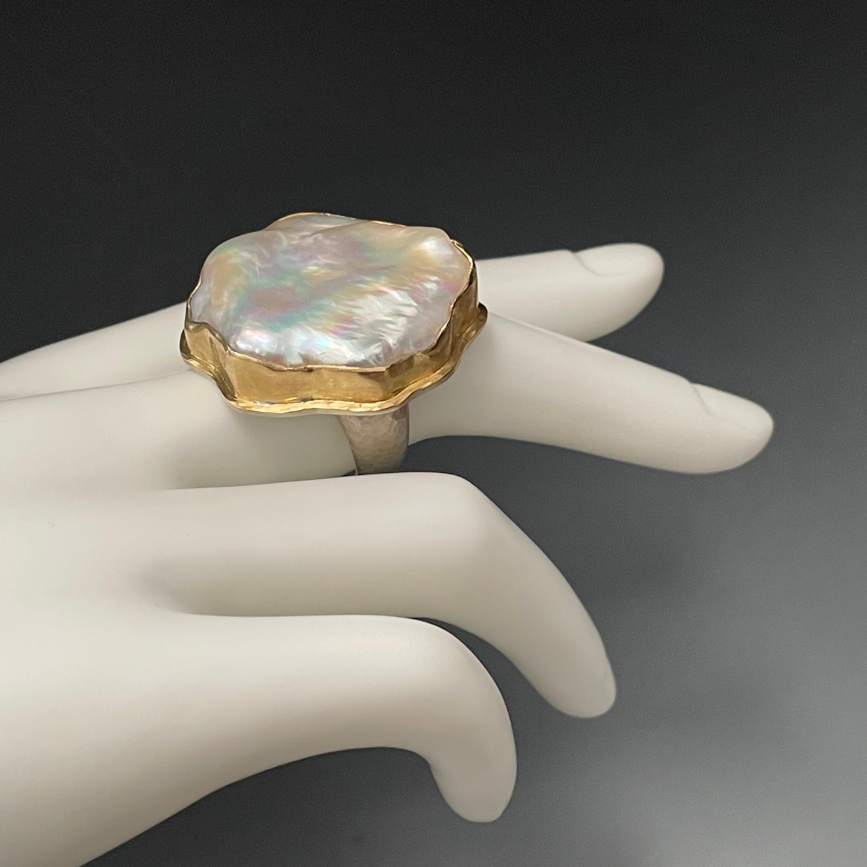 Modern Steven Battelle Baroque Pearl Silver 18K Gold Ring For Sale