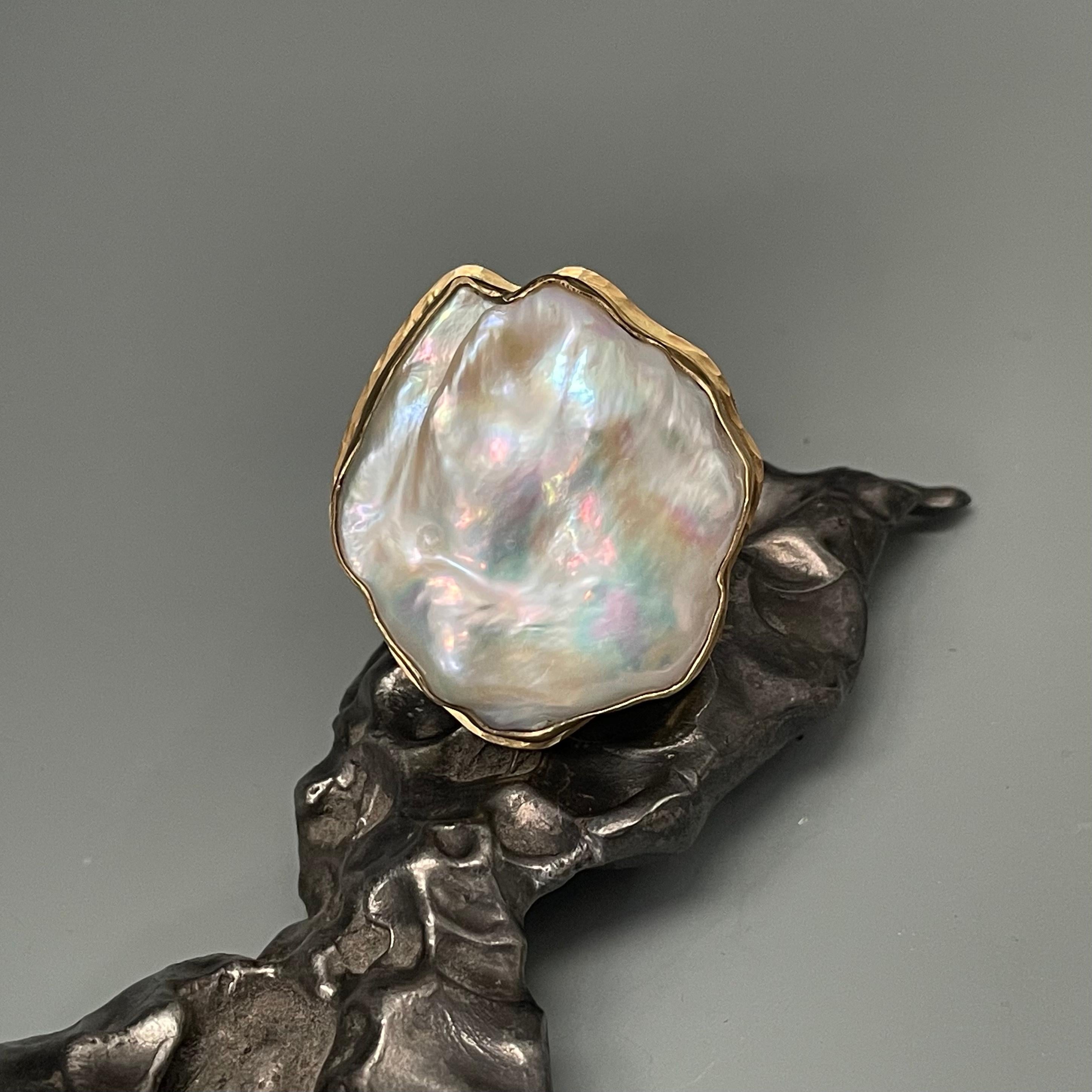 Mixed Cut Steven Battelle Baroque Pearl Silver 18K Gold Ring For Sale