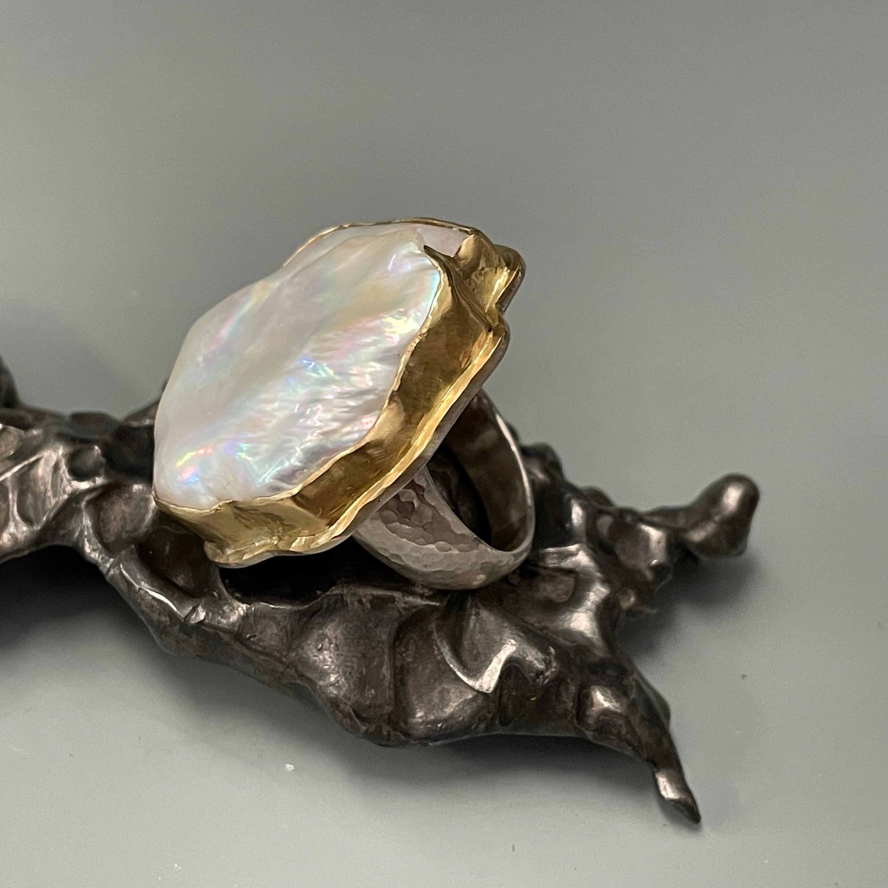 Steven Battelle Baroque Pearl Silver 18K Gold Ring For Sale 3
