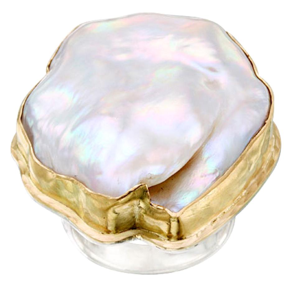 Steven Battelle Baroque Pearl Silver 18K Gold Ring For Sale