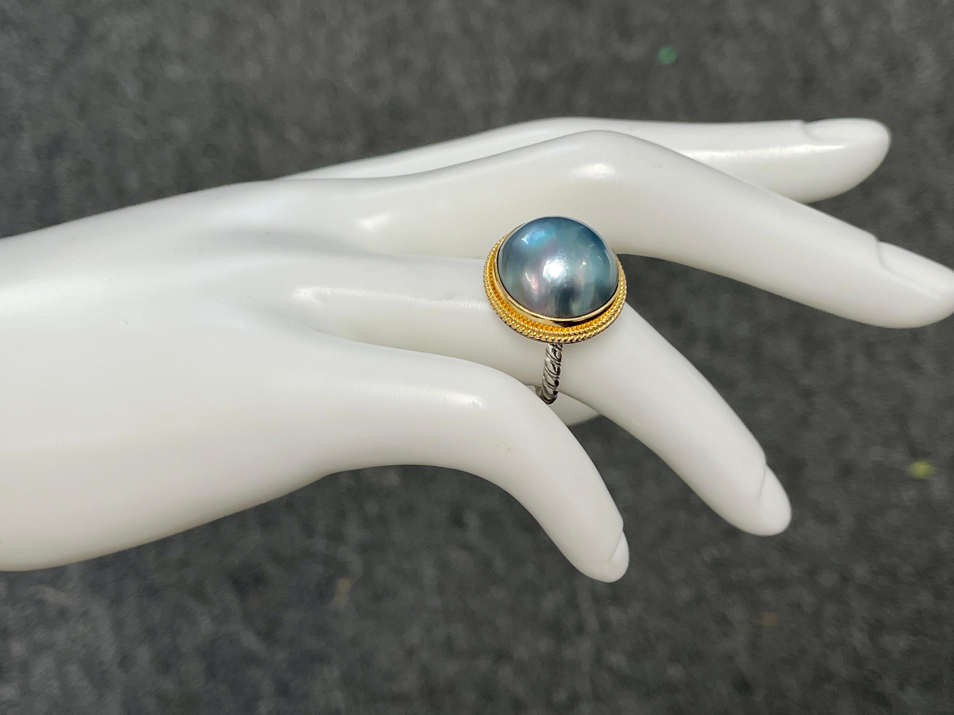 Steven Battelle Black Mabe Pearl 18K Gold Sterling Silver Ring For Sale 4