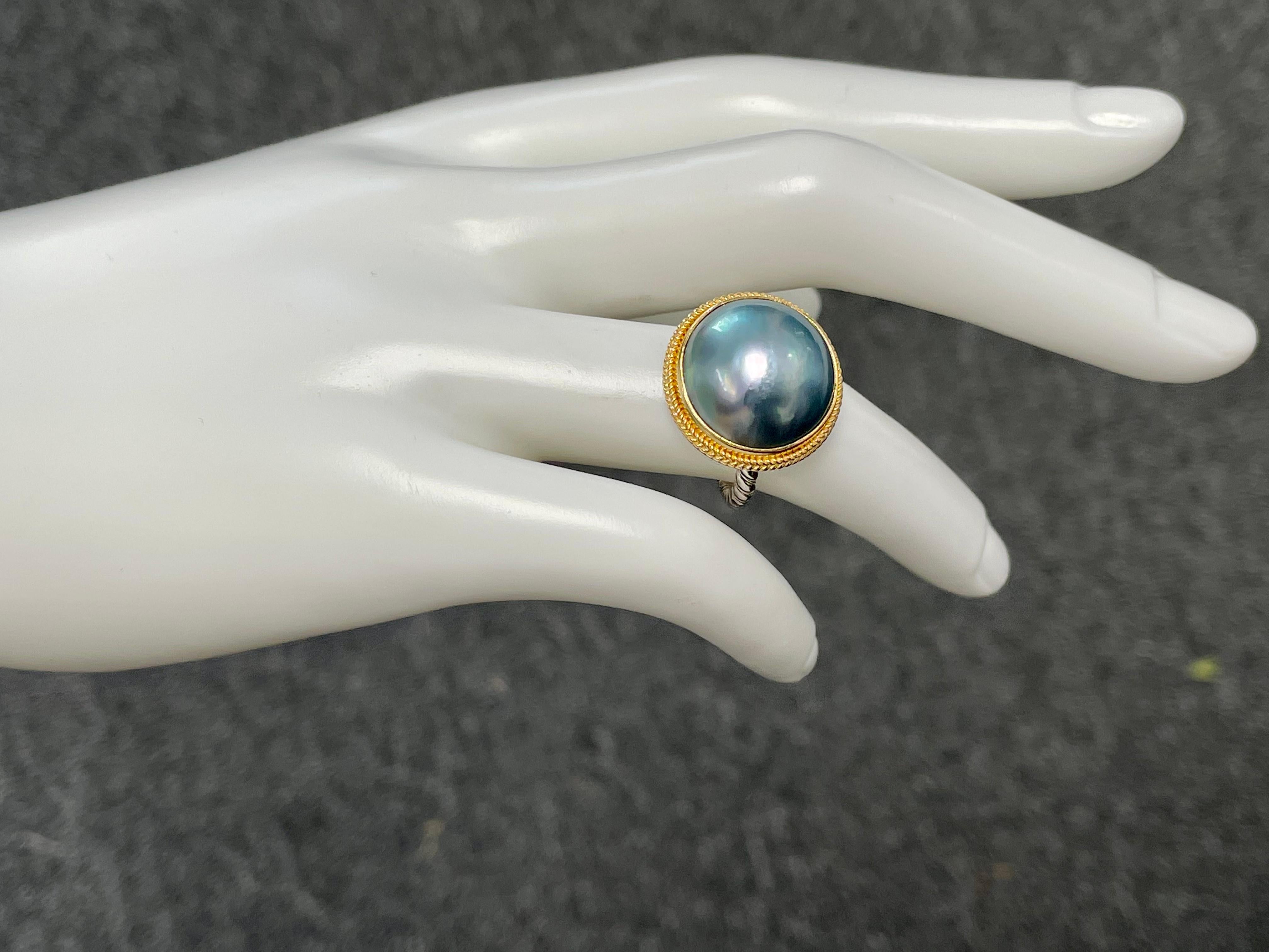 Steven Battelle Black Mabe Pearl 18K Gold Sterling Silver Ring For Sale 5