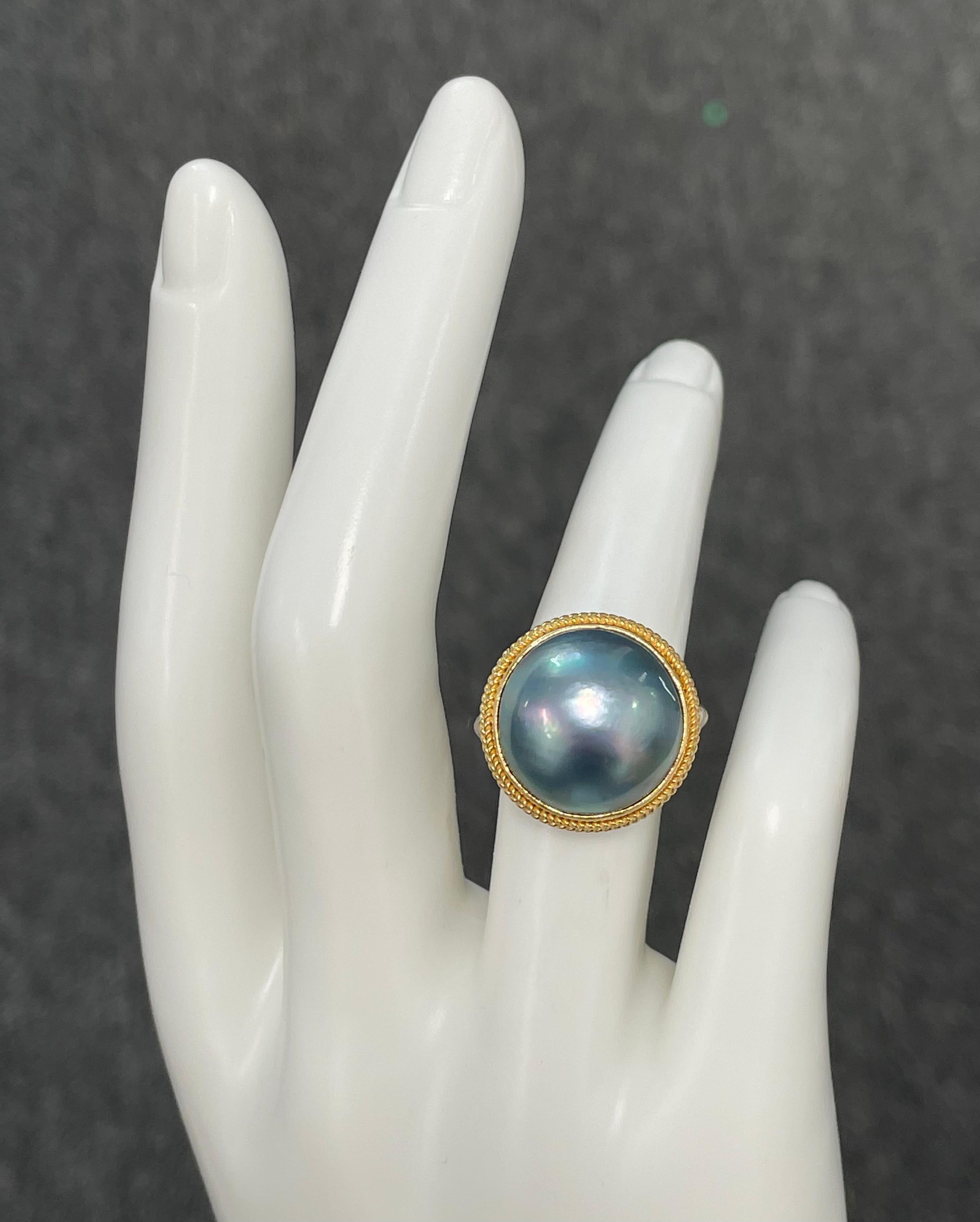 Steven Battelle Black Mabe Pearl 18K Gold Sterling Silver Ring For Sale 6