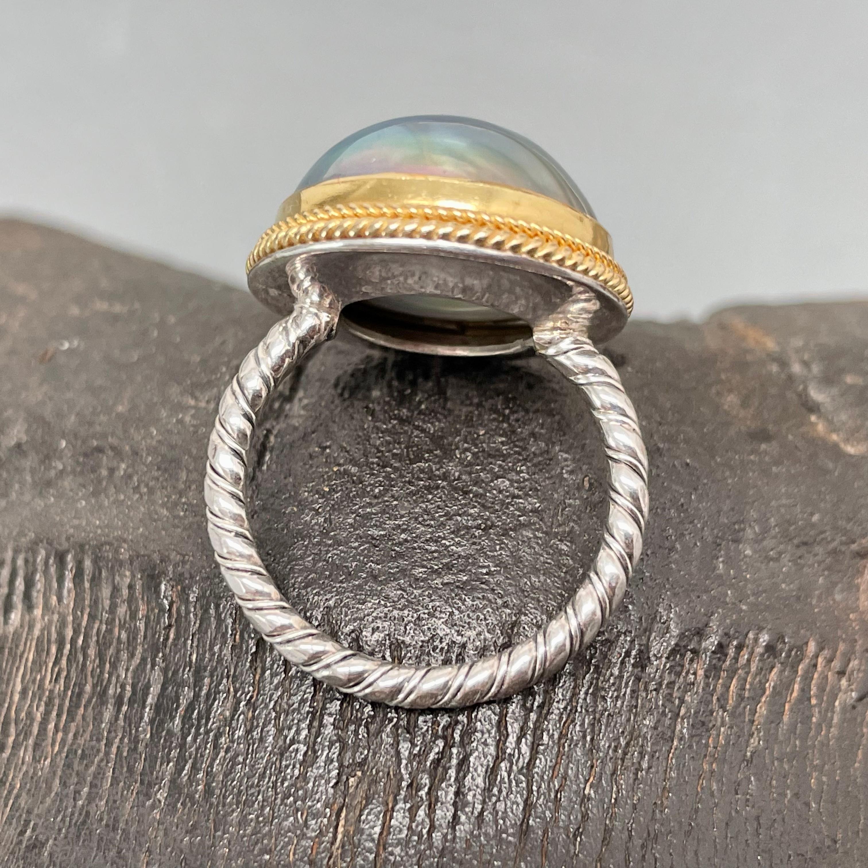 Round Cut Steven Battelle Black Mabe Pearl 18K Gold Sterling Silver Ring  For Sale