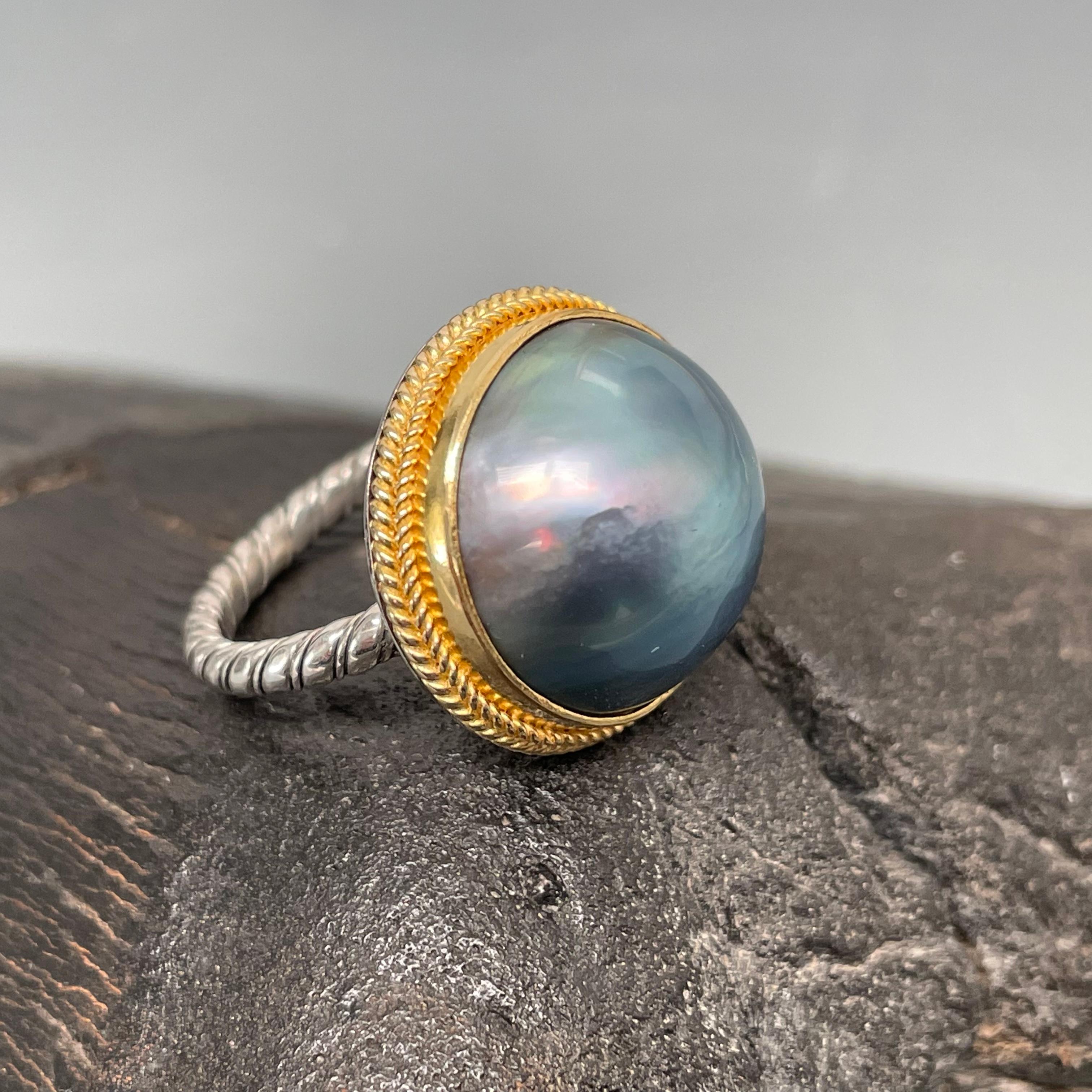 Steven Battelle Black Mabe Pearl 18K Gold Sterling Silver Ring In New Condition For Sale In Soquel, CA