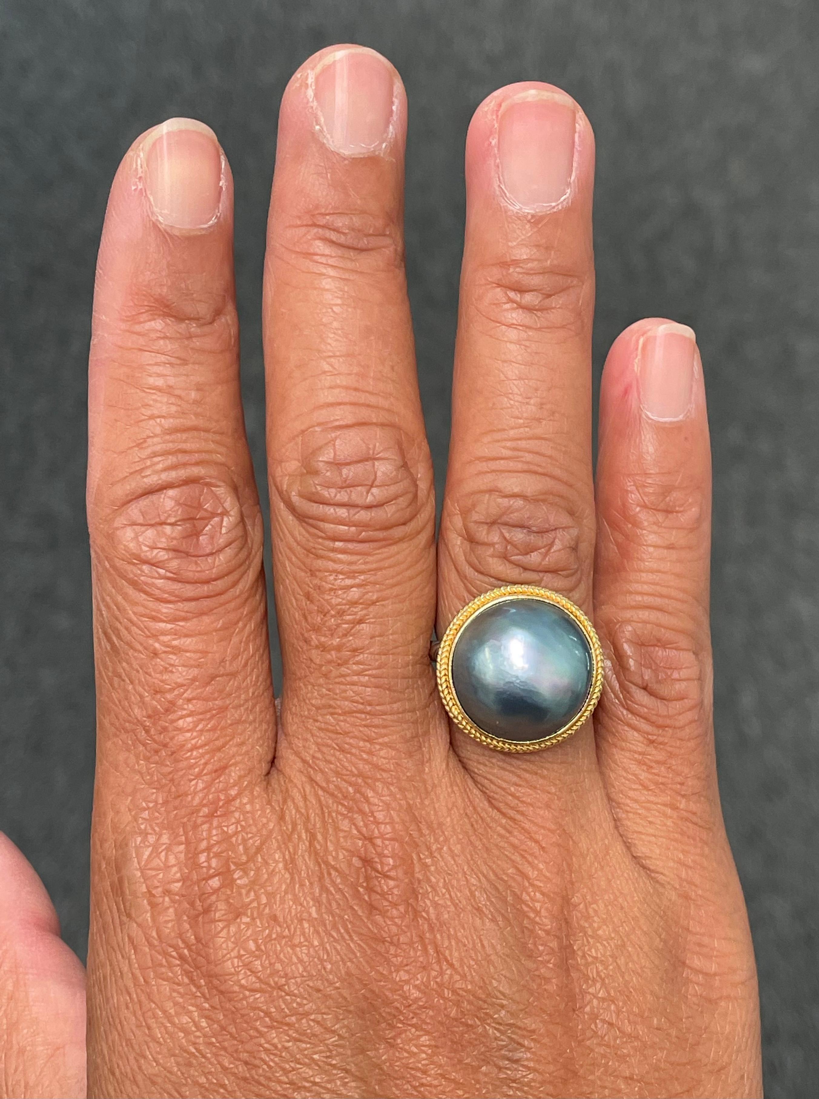 Steven Battelle Black Mabe Pearl 18K Gold Sterling Silver Ring For Sale 3