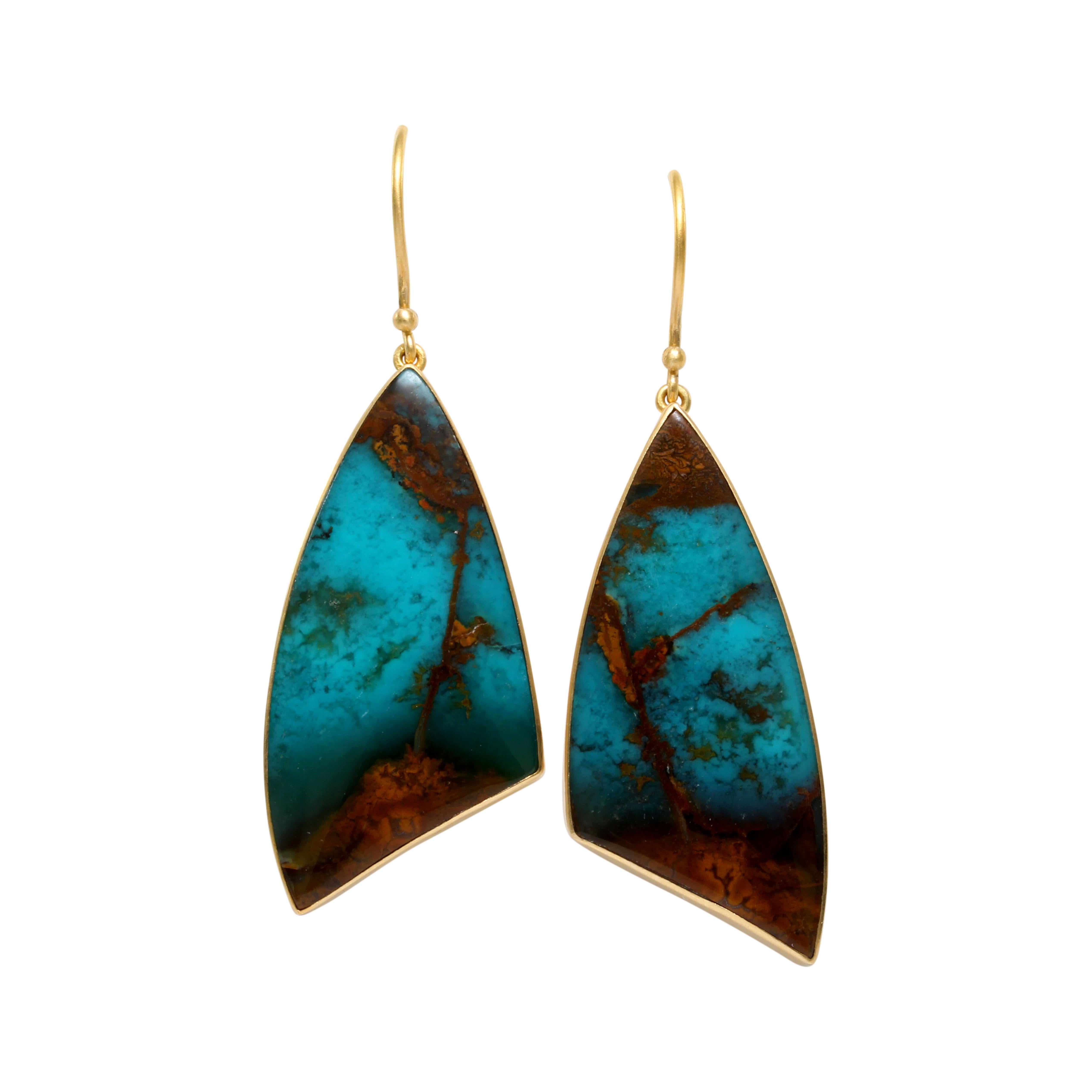 Women's Steven Battelle Blue Opalized Petrified Wood 18K Gold Wire Earrings For Sale