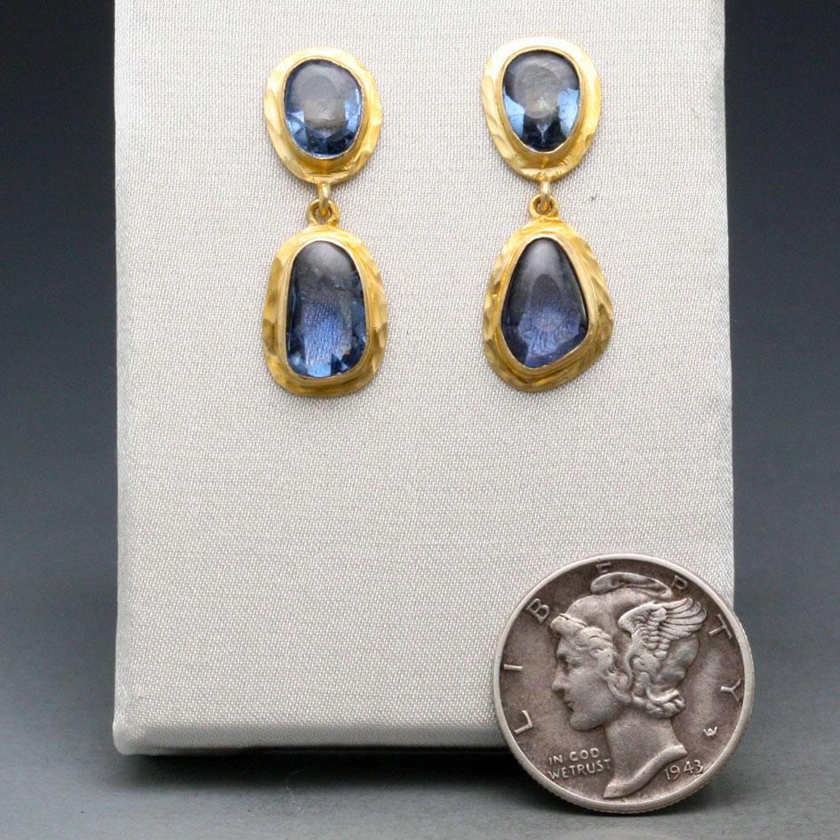 Steven Battelle Blue Sapphire Post and Drop Earrings 18k Gold In New Condition In Soquel, CA