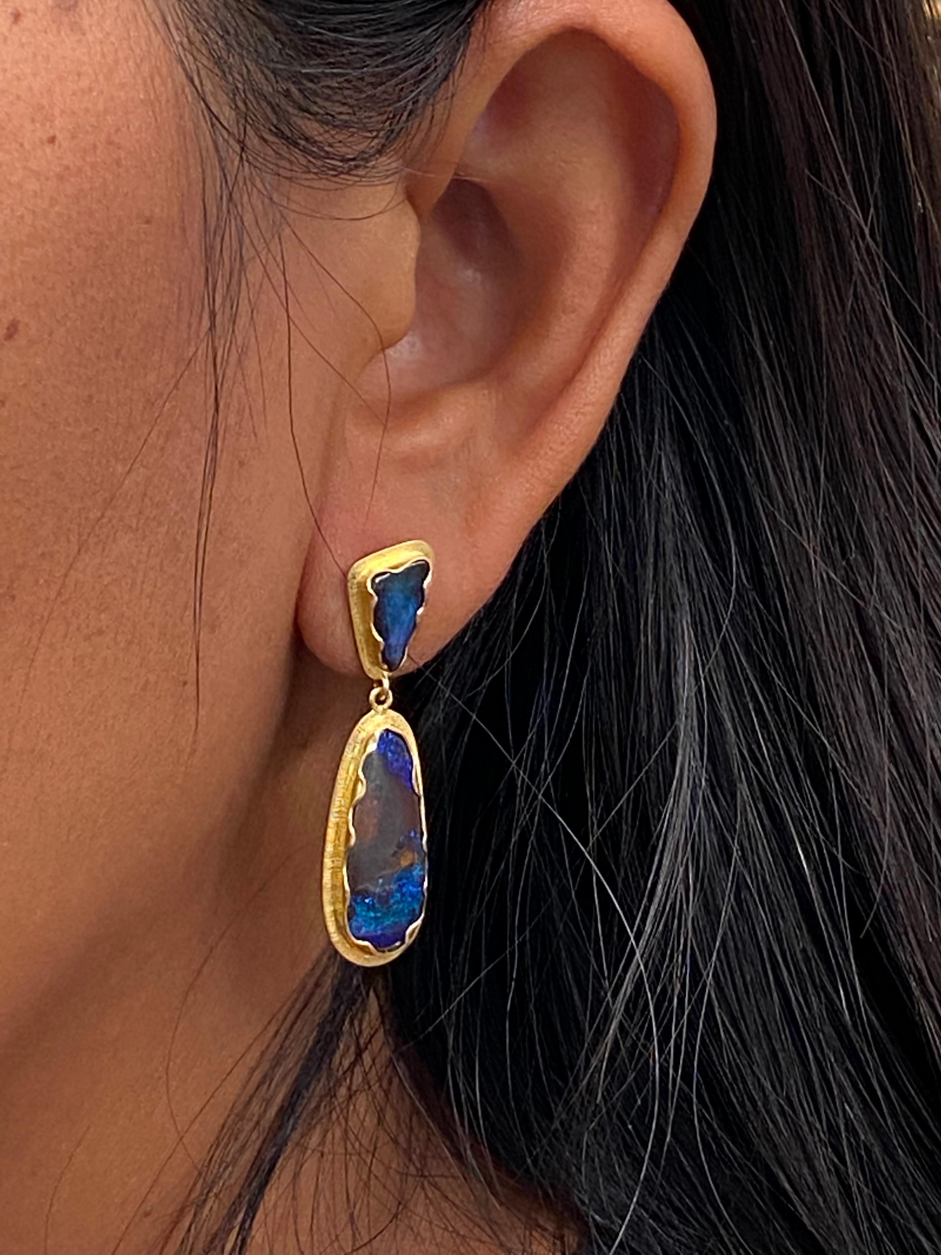 Contemporary Steven Battelle Boulder Opal Post and Drop Earrings 18k Gold