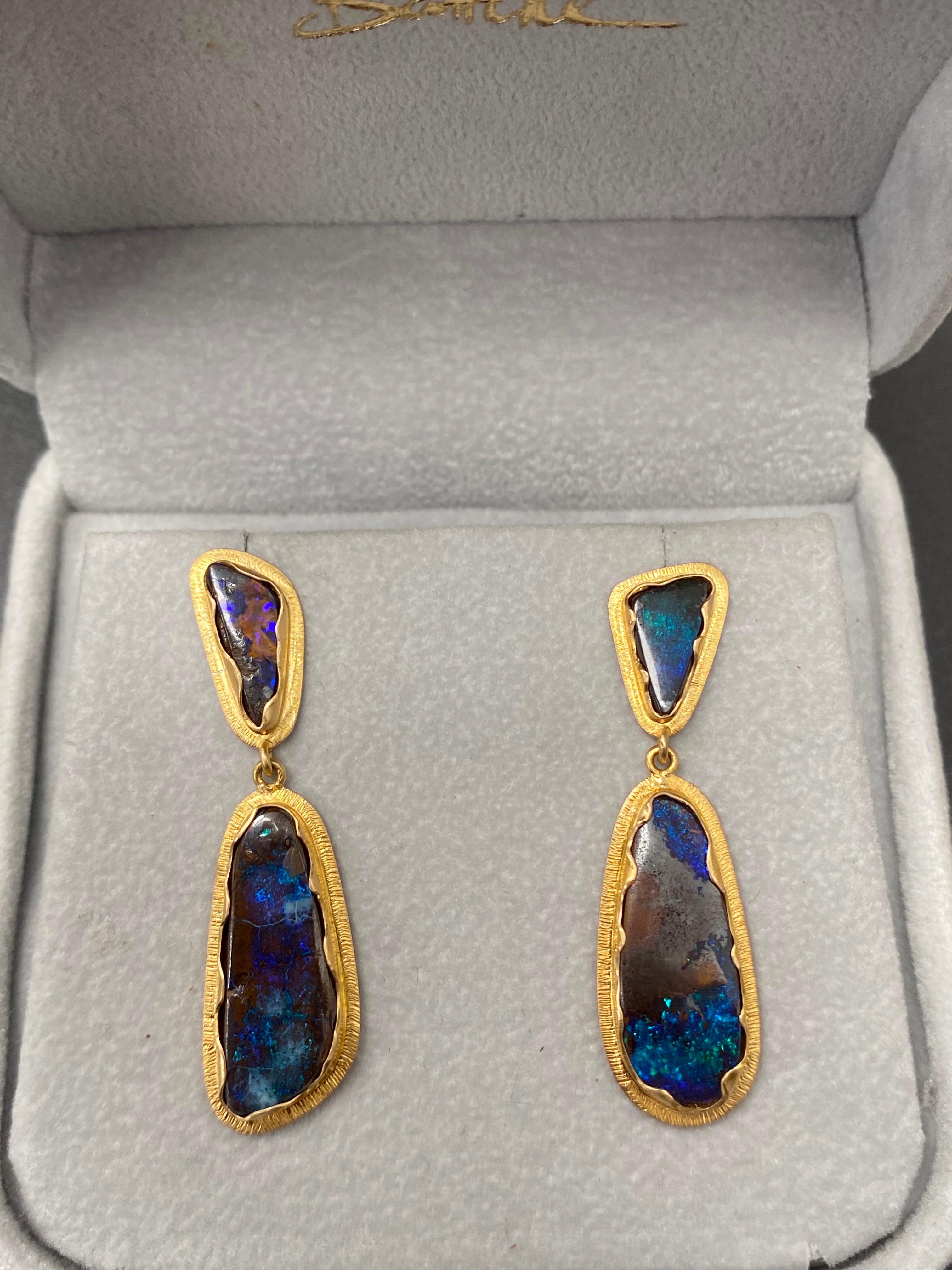 Mixed Cut Steven Battelle Boulder Opal Post and Drop Earrings 18k Gold