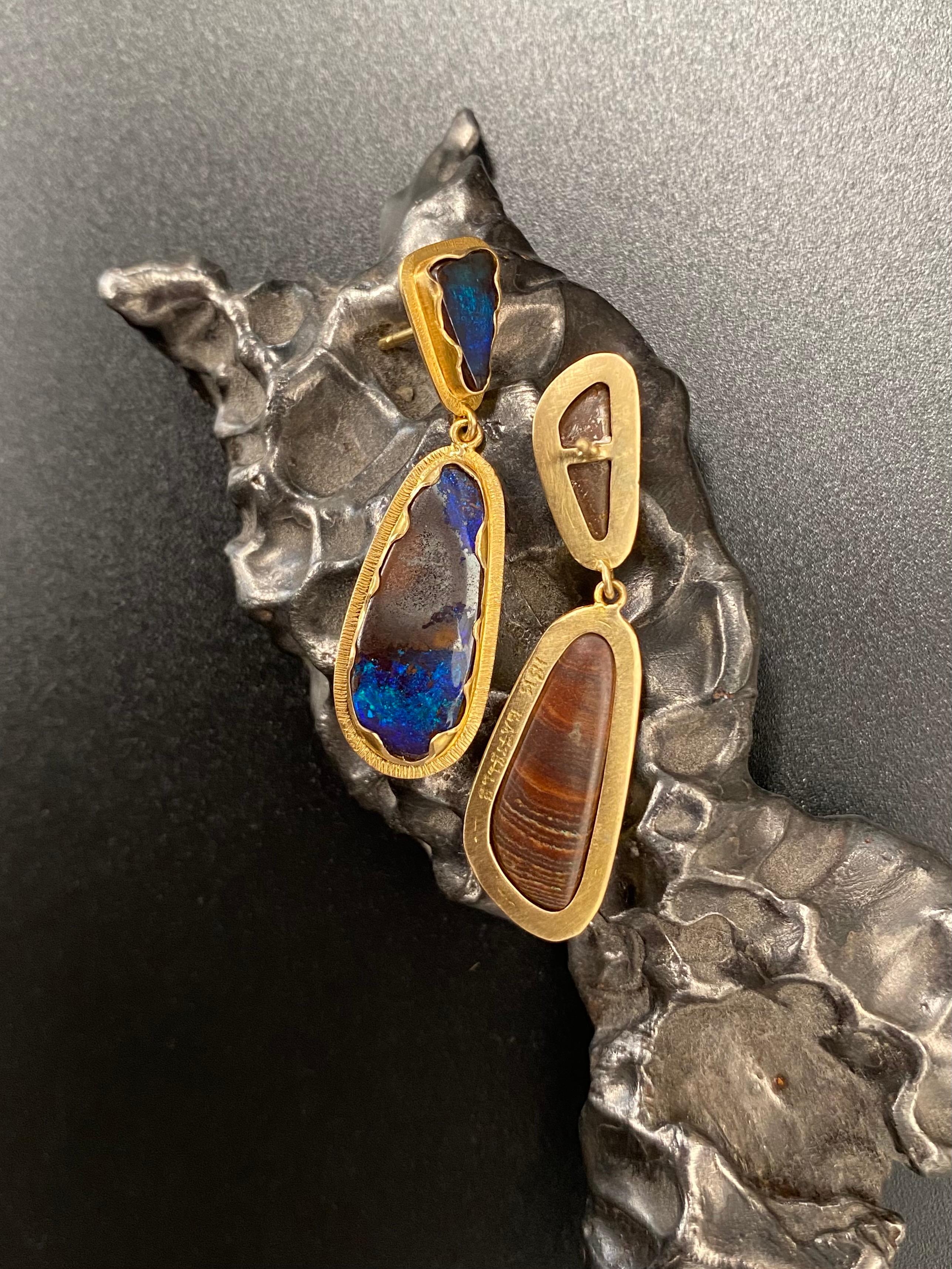 Steven Battelle Boulder Opal Post and Drop Earrings 18k Gold In New Condition In Soquel, CA