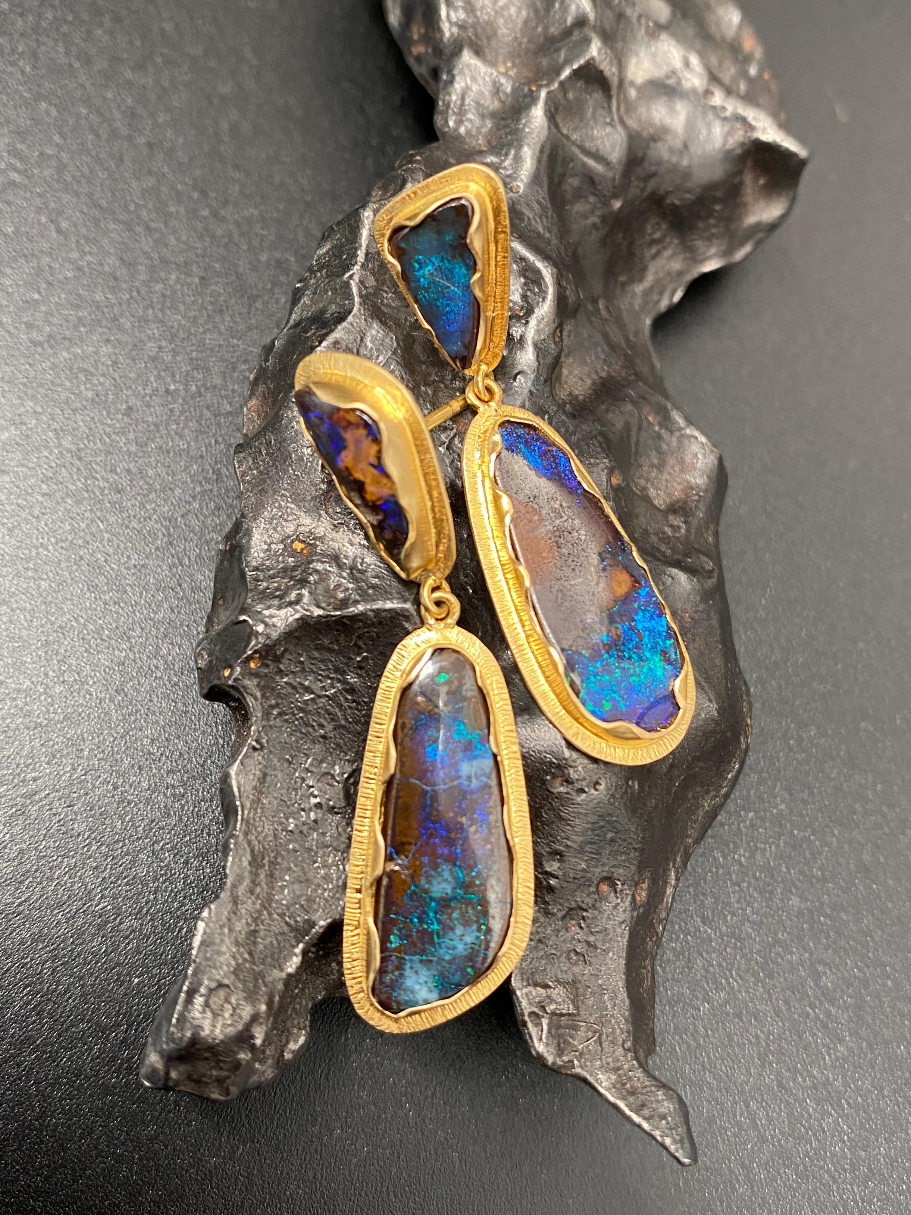 Steven Battelle Boulder Opal Post and Drop Earrings 18k Gold 1