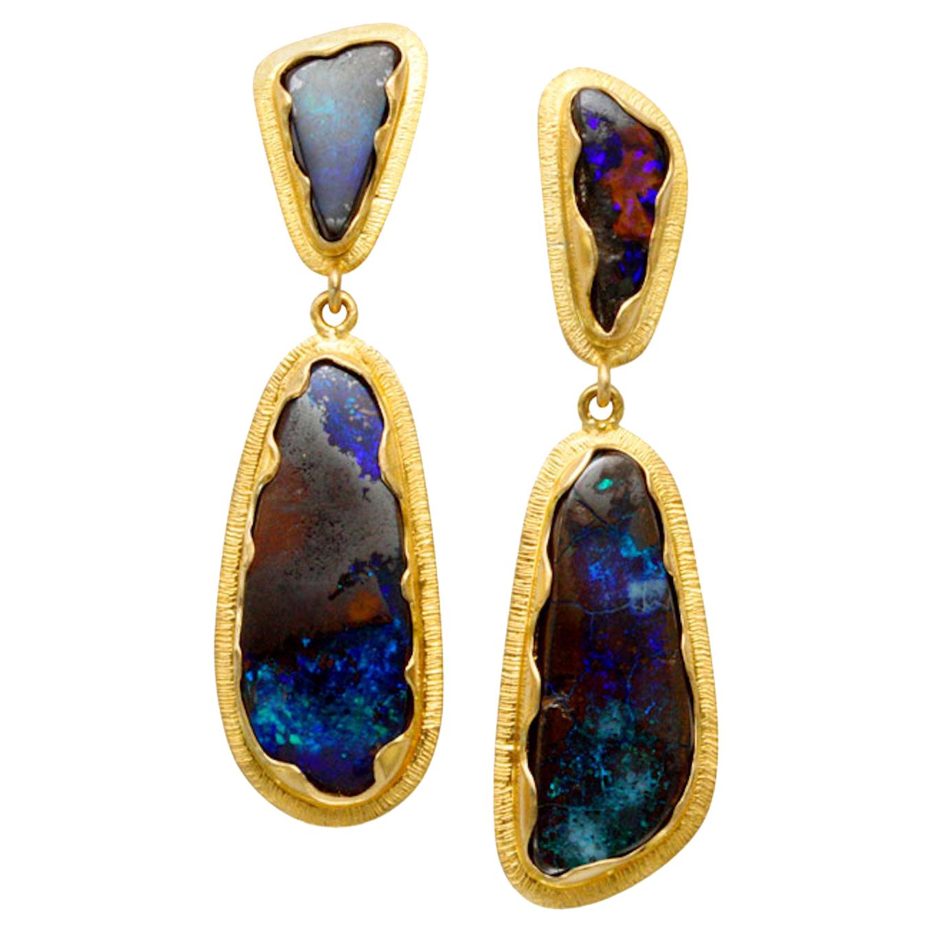 Steven Battelle Boulder Opal Post and Drop Earrings 18k Gold