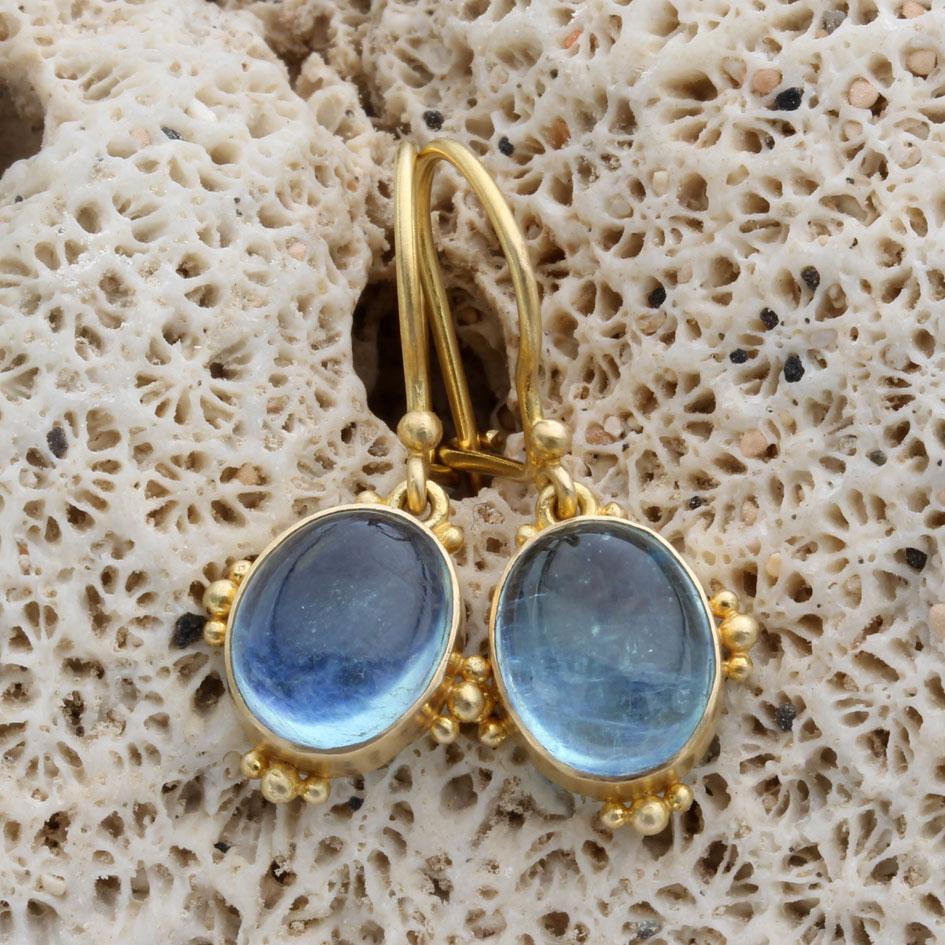 Women's or Men's Steven Battelle Cabochon Aquamarine 18K Gold Wire Earrings