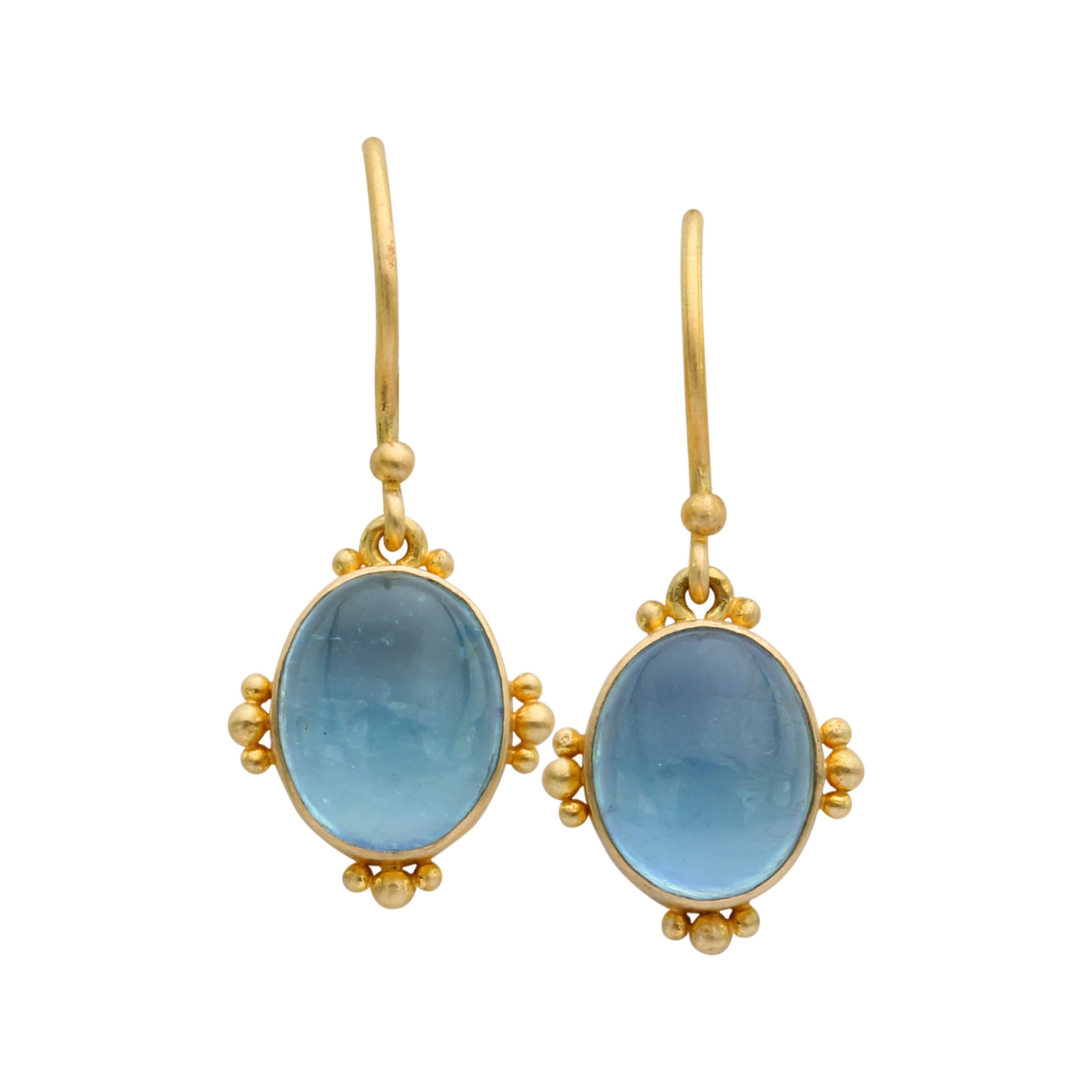 Steven Battelle Cabochon Aquamarine 18K Gold Wire Earrings 1