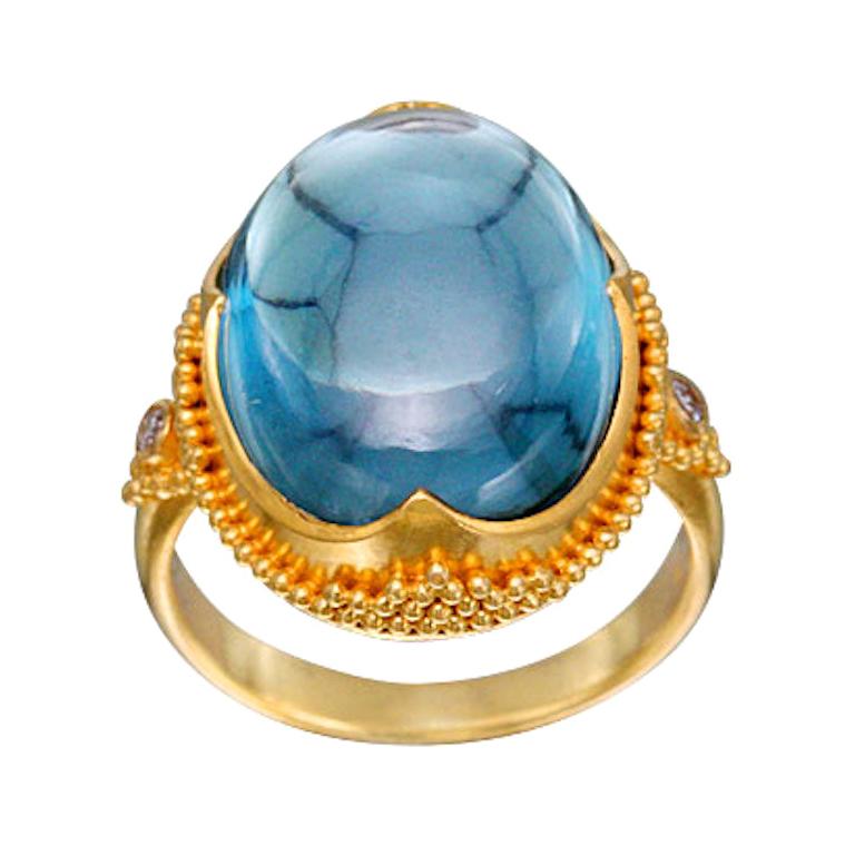 Steven Battelle Cabochon Aquamarine Diamonds Granulated 22K Gold Ring For Sale