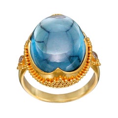 Vintage Steven Battelle Cabochon Aquamarine Diamonds Granulated 22K Gold Ring