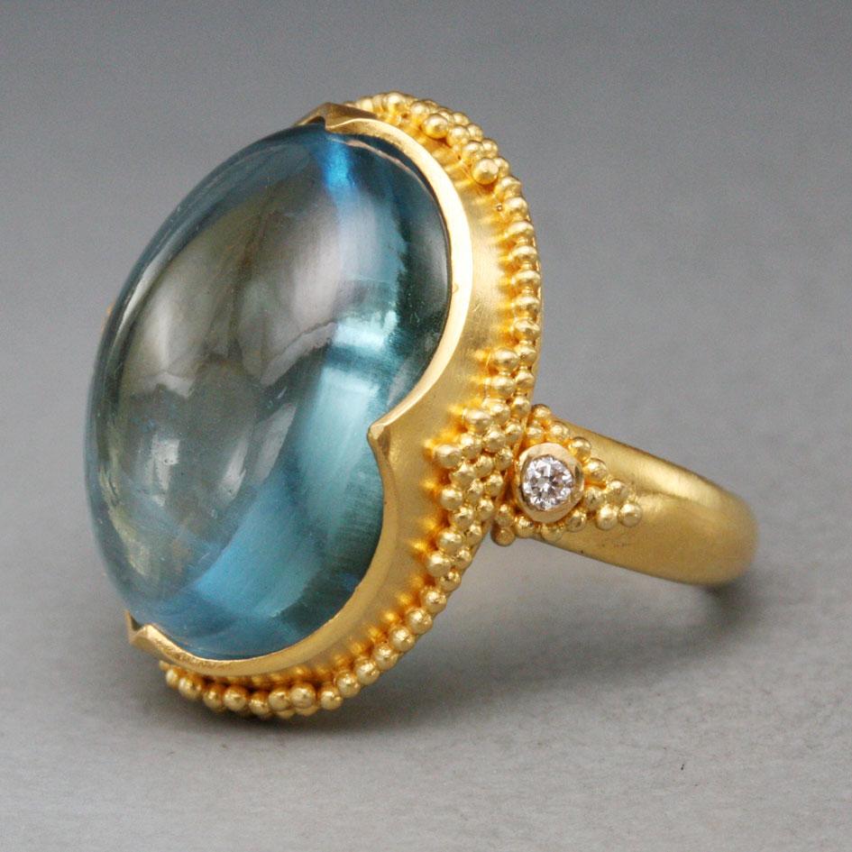 Steven Battelle Cabochon Aquamarine Diamonds Ring 22K Gold For Sale at ...