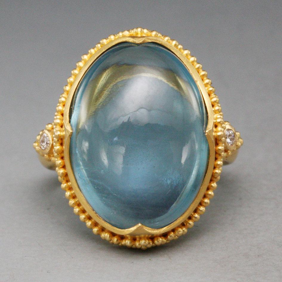 Steven Battelle Cabochon Aquamarine Diamonds Ring 22K Gold For Sale at ...