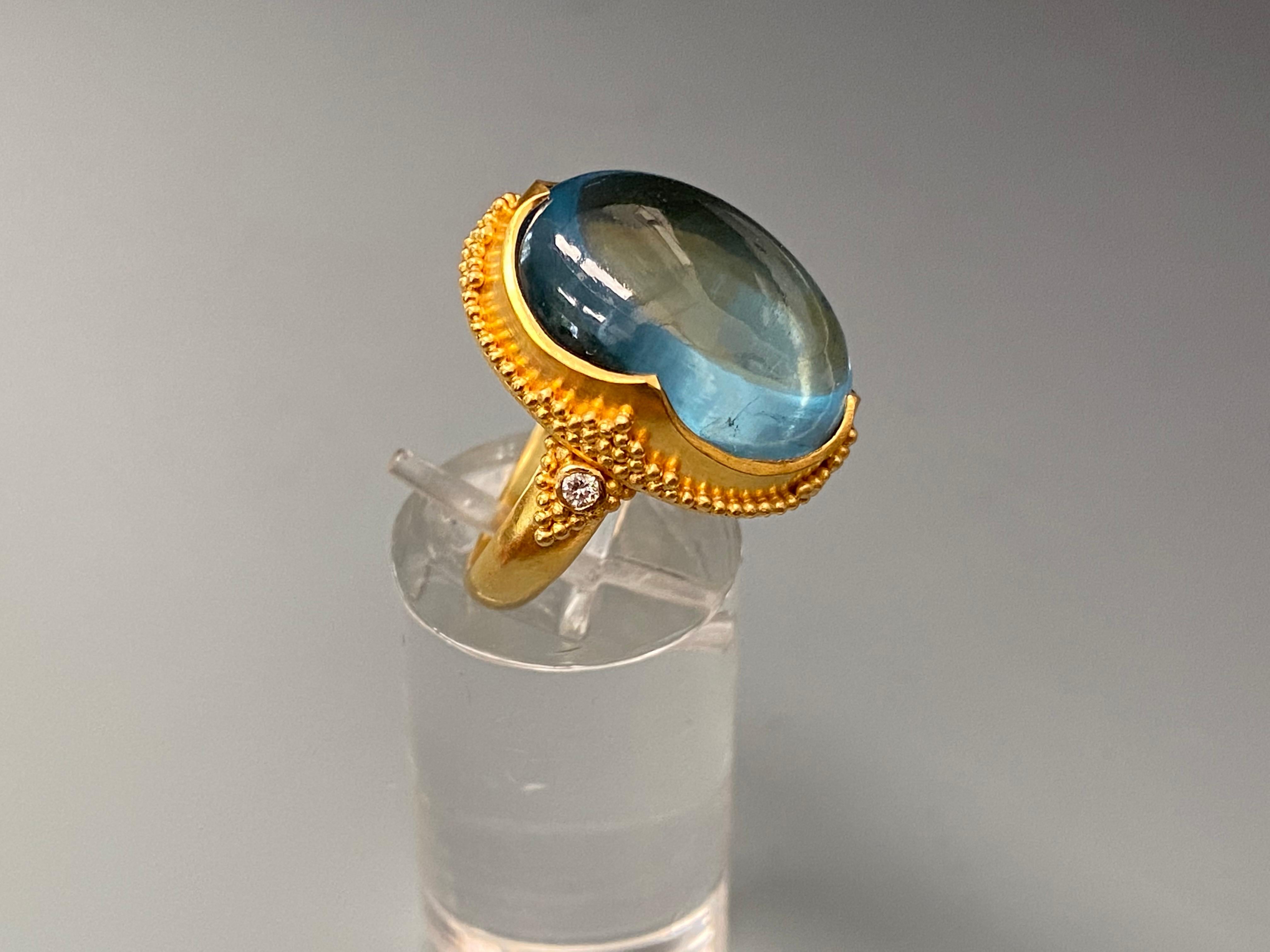 Contemporary Steven Battelle Cabochon Aquamarine Diamonds Granulated 22K Gold Ring For Sale